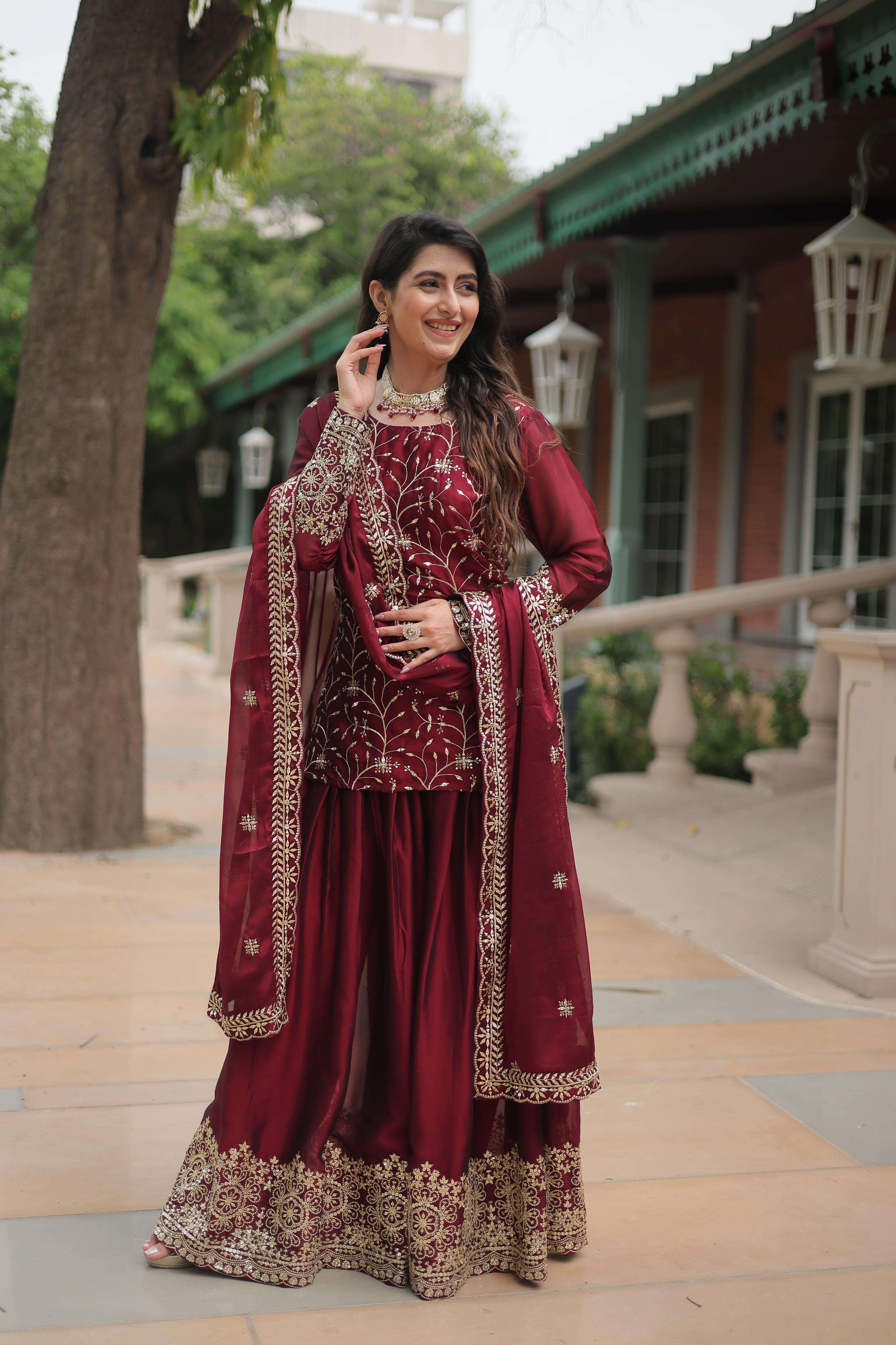 DESIGNER FANCY PARTY WEAR READYMADE MAROON RANGOLI SILK SHARARA PLAZZO SALWAR SUIT KU 1132 B