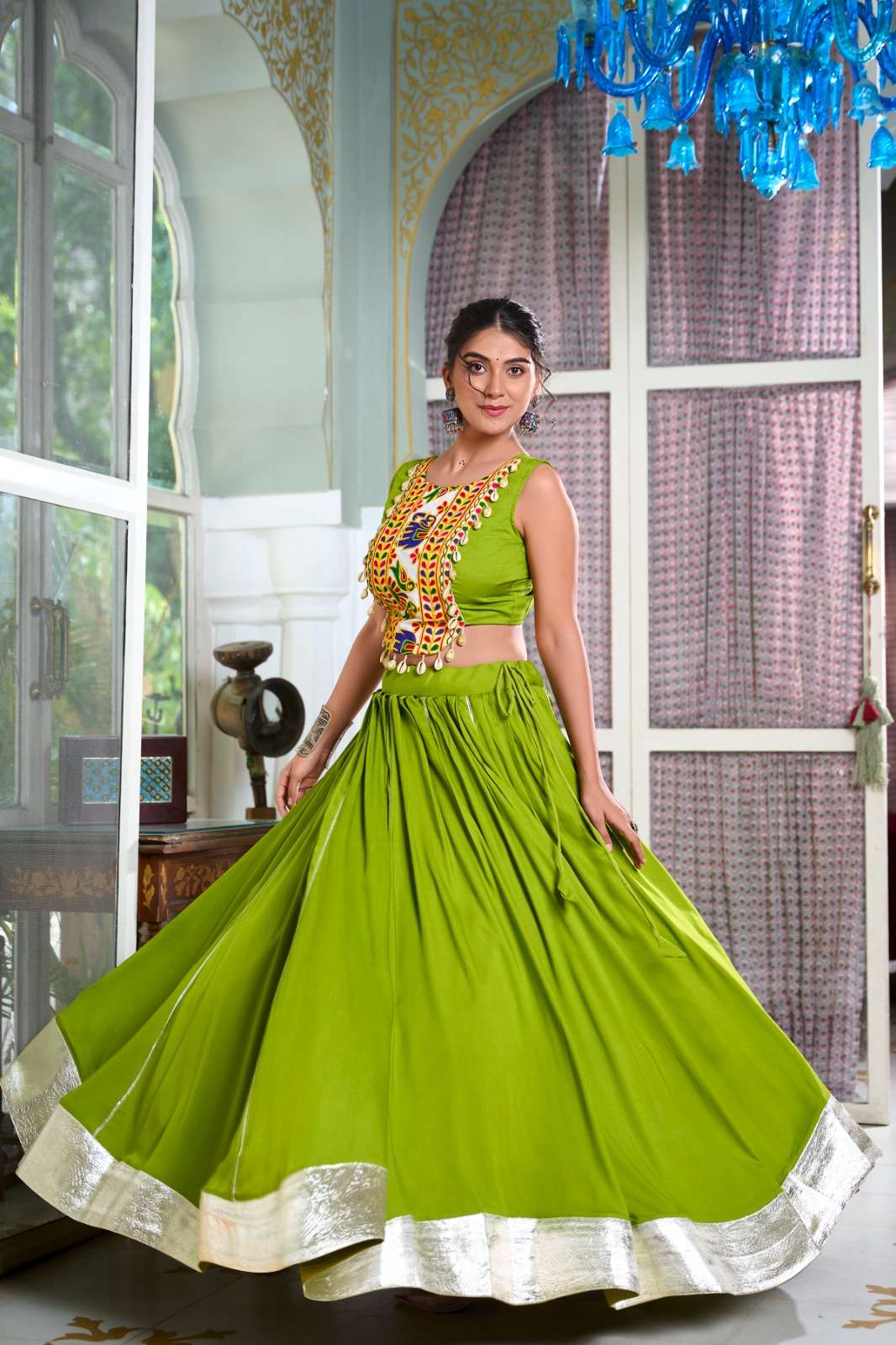 DESIGNER FANCY RAYON COTTON GREEN NAVRATRI LEHENGA CHOLI NNK 1616 D
