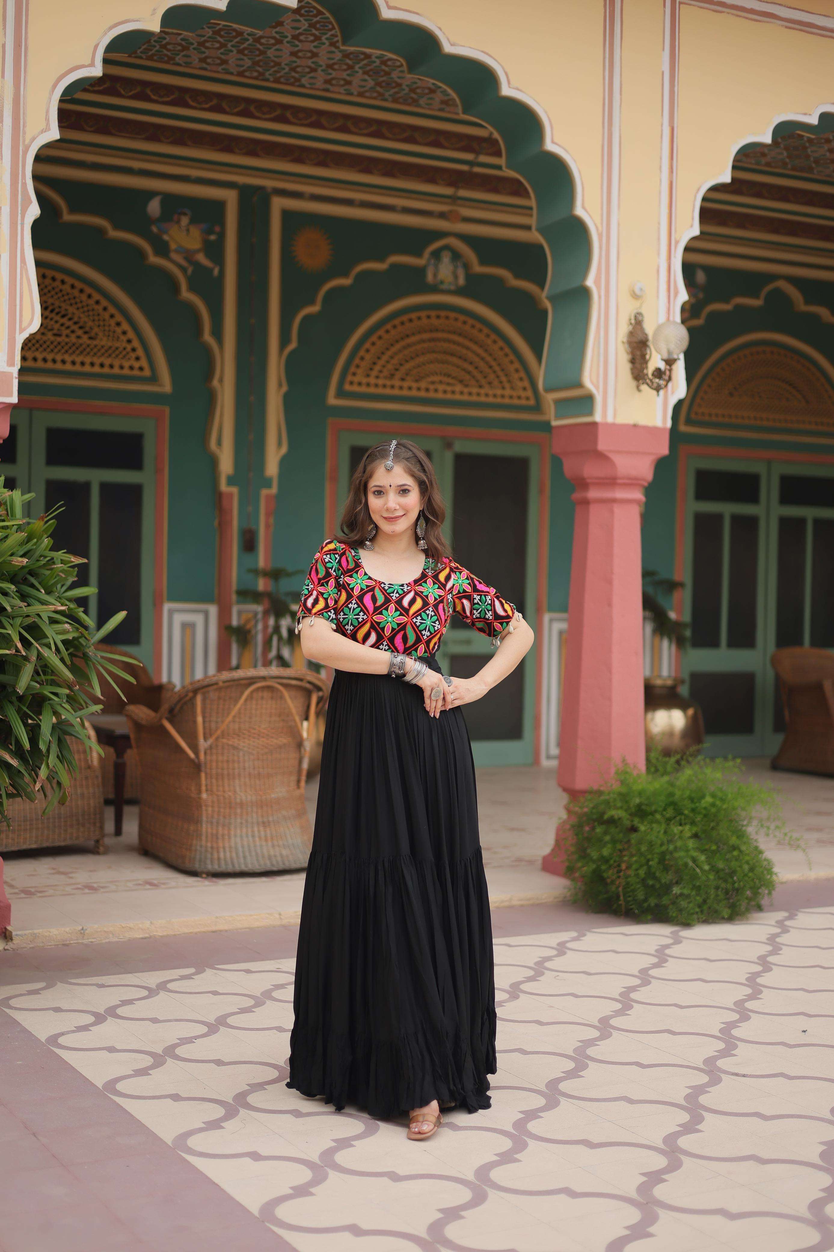 DESIGNER FANCY READYMADE BLACK NAVRATRI WEAR KURTI IN RAYON FABRIC 9188