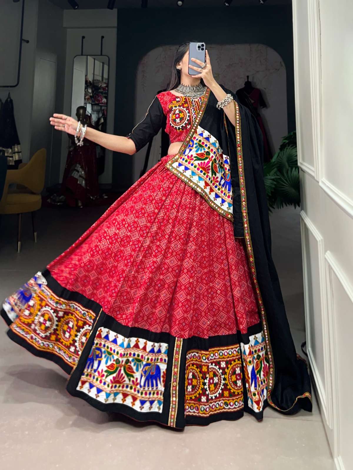 DESIGNER FANCY READYMADE COTTON FABRIC RED NAVRATRI LEHENGA CHOLI LNB 1693
