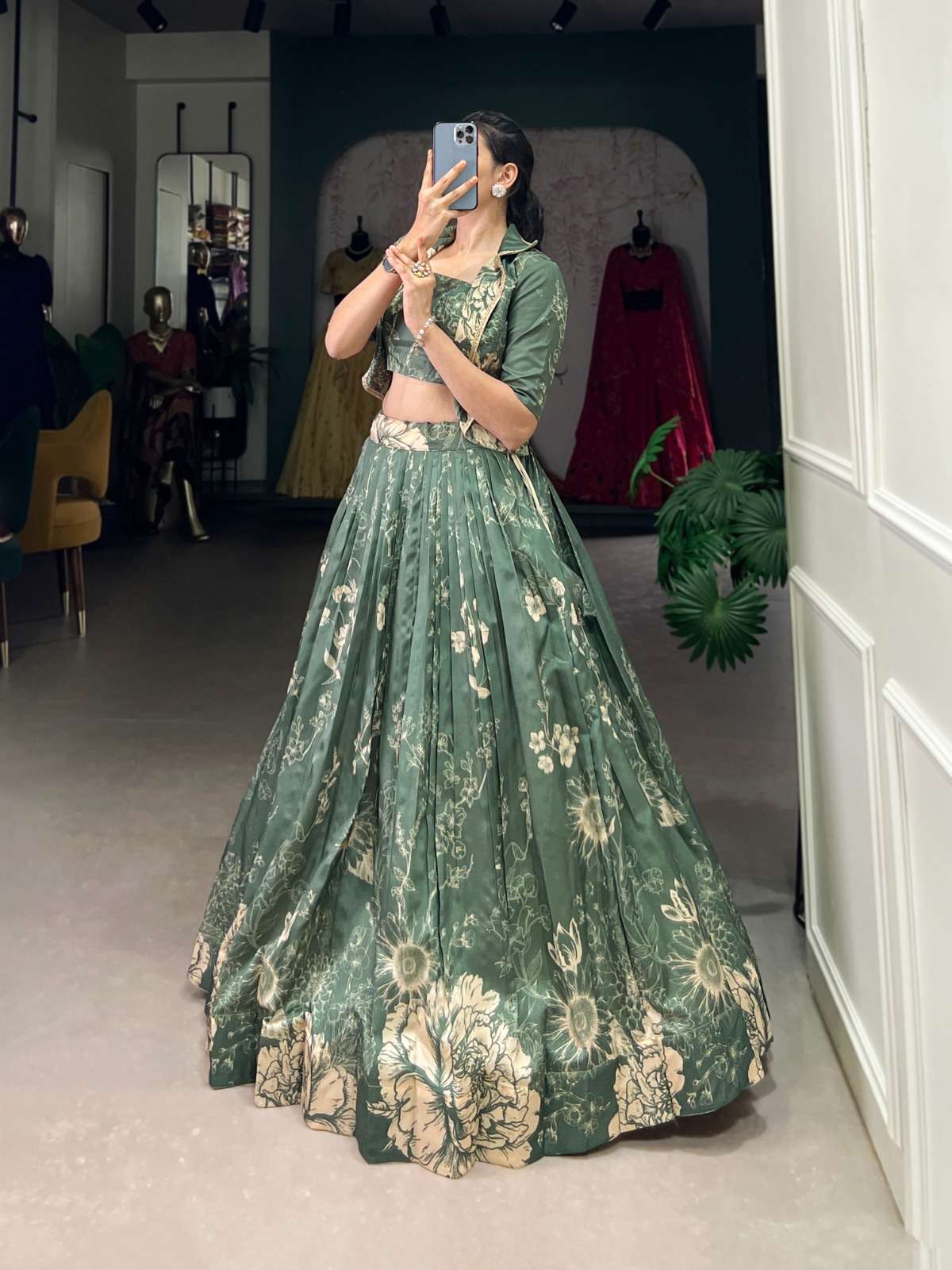 DESIGNER FANCY TUSSAR SILK GREEN KOTI WITH BLOUSE SKIRT READYMADE CROP TOP COLLECTION NNK 1129 C