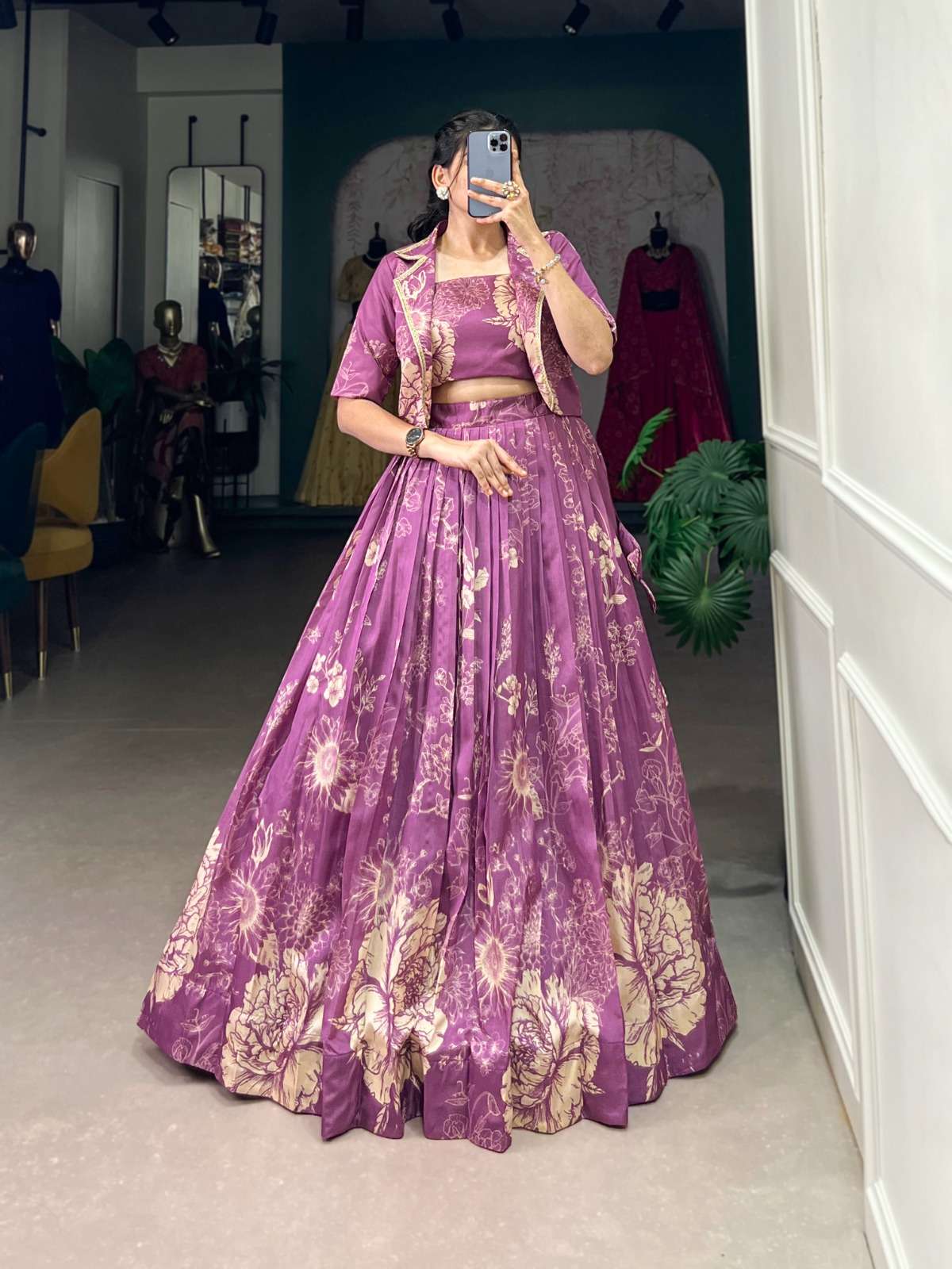 DESIGNER FANCY TUSSAR SILK LAVENDER KOTI WITH BLOUSE SKIRT READYMADE CROP TOP COLLECTION NNK 1129 D