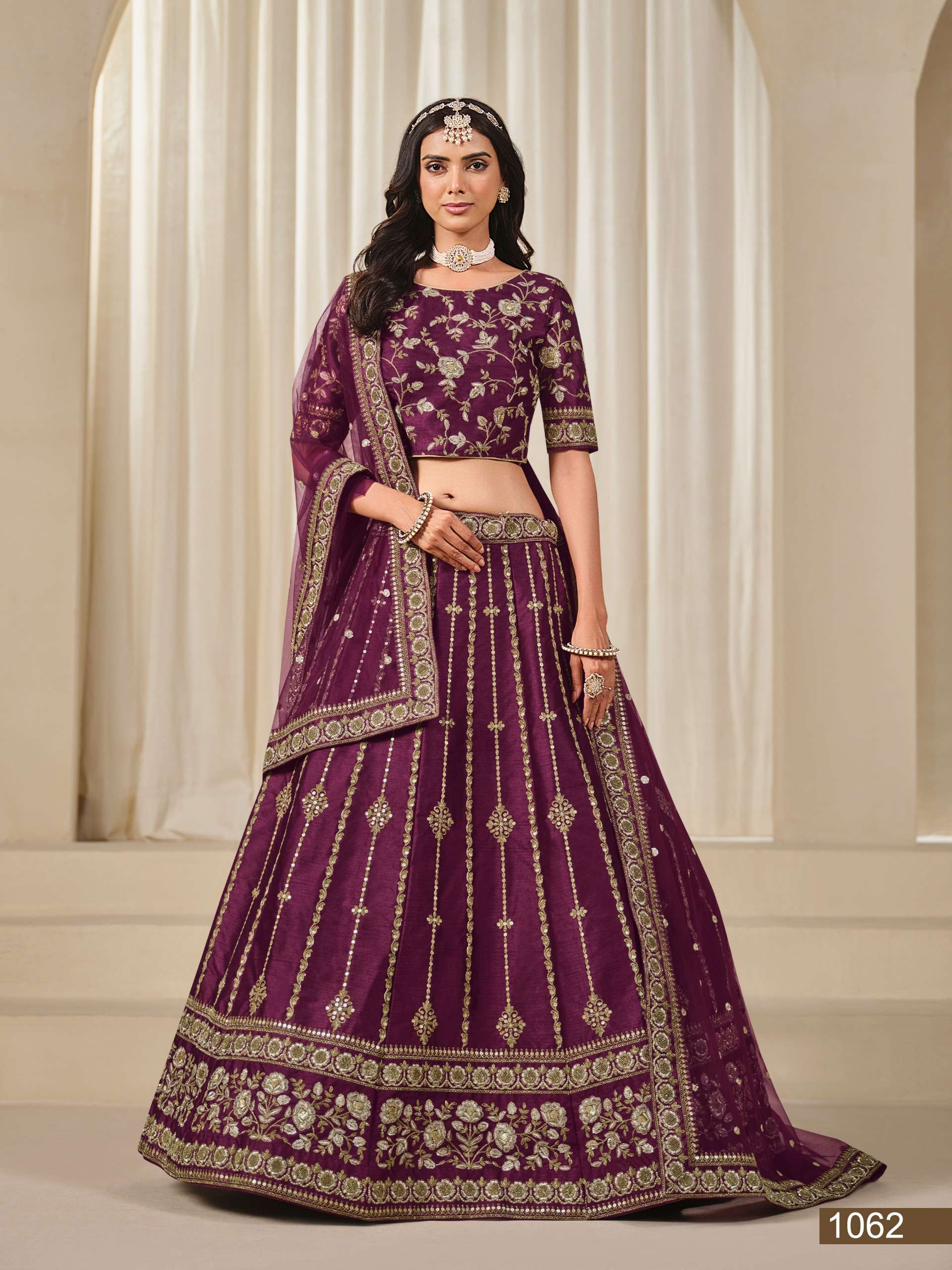 DESIGNER FANCY WEDDING PARTY WEAR INDIAN ART SILK PURPLE WINE LEHENGA CHOLI WITH NET DUPATTA ANY MOHINI 1062