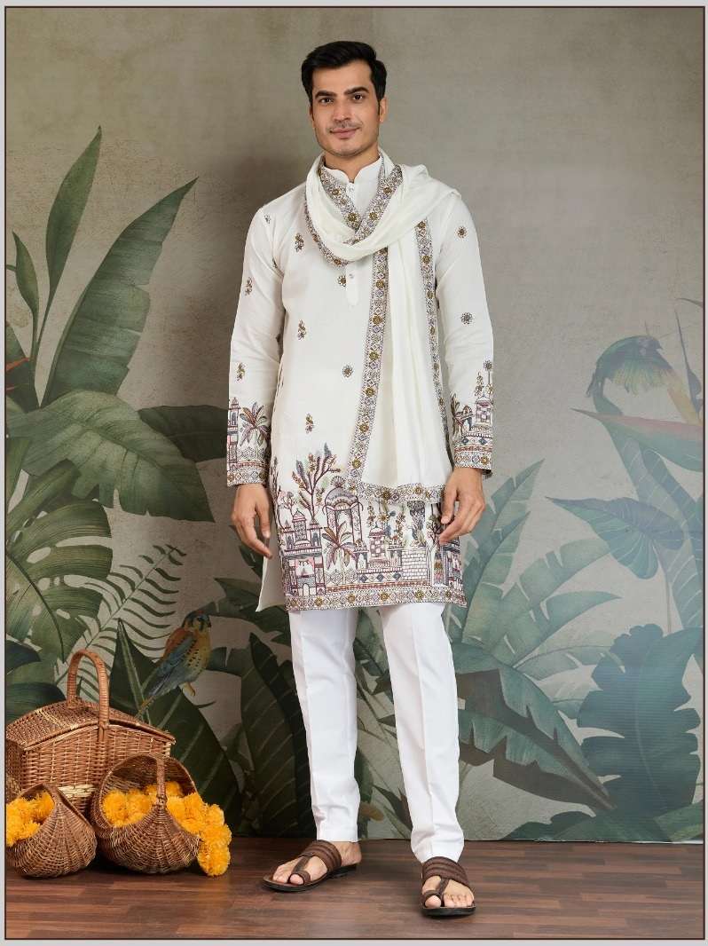 DESIGNER FANCY WEDDING PARTY WEAR READYMADE INDIAN MENS VISCOSE SILK WHITE KURTA DUPATTA KF 61181