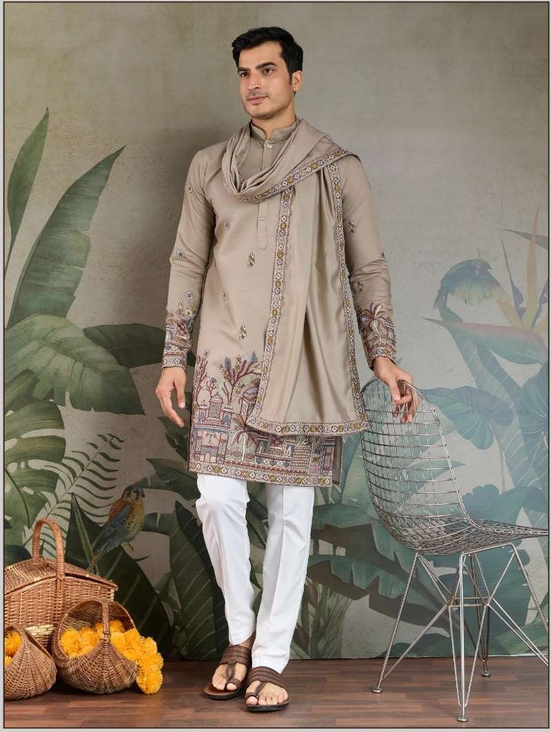 DESIGNER FANCY WEDDING PARTY WEAR READYMADE INDIAN MENS VISCOSE SILK IVORY KURTA DUPATTA KF 61182