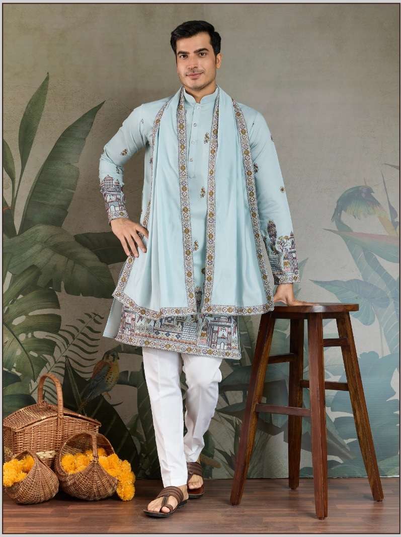 DESIGNER FANCY WEDDING PARTY WEAR READYMADE INDIAN MENS VISCOSE SILK SKY BLUE KURTA DUPATTA KF 61183