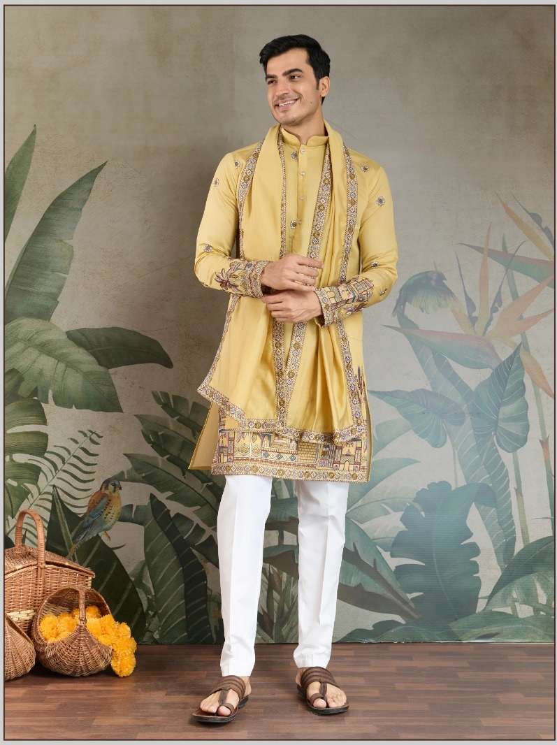DESIGNER FANCY WEDDING PARTY WEAR READYMADE INDIAN MENS VISCOSE SILK YELLOW KURTA DUPATTA KF 61184