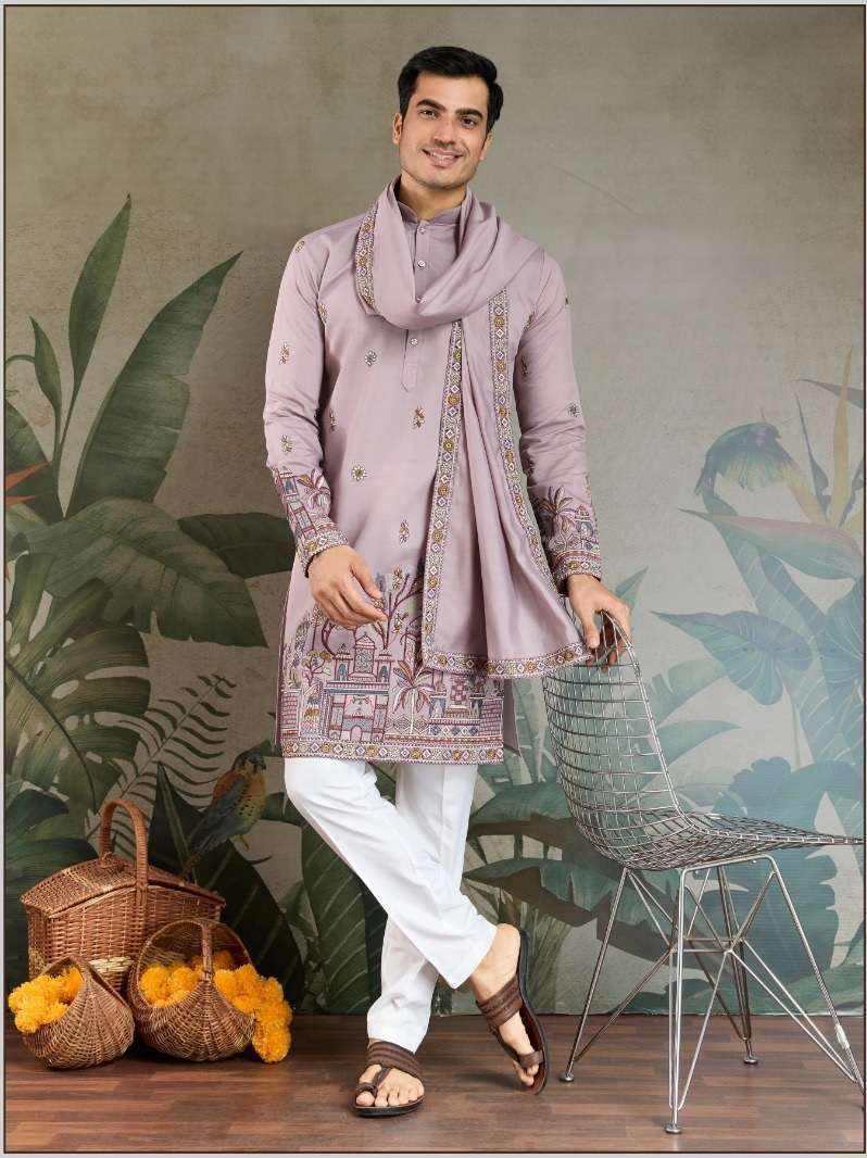 DESIGNER FANCY WEDDING PARTY WEAR READYMADE INDIAN MENS VISCOSE SILK PINK KURTA DUPATTA KF 61185