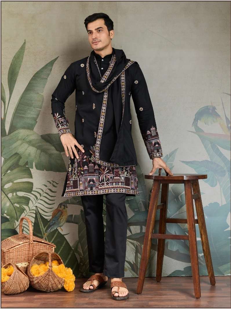 DESIGNER FANCY WEDDING PARTY WEAR READYMADE INDIAN MENS VISCOSE SILK BLACK KURTA DUPATTA KF 61186