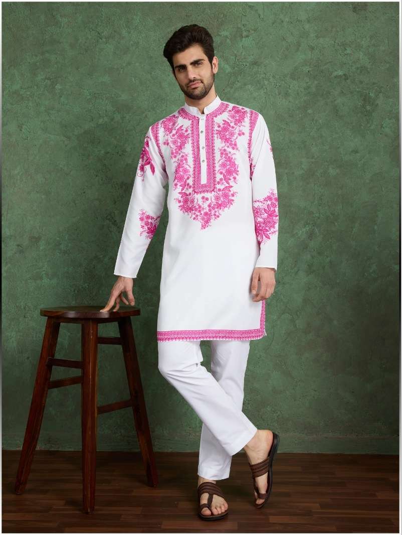 DESIGNER FANCY WEDDING PARTY WEAR READYMADE INDIAN MENS VISCOSE RAYON WHITE KURTA KF 61081