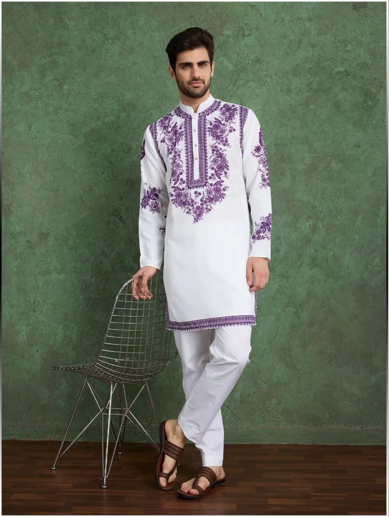 DESIGNER FANCY WEDDING PARTY WEAR READYMADE INDIAN MENS VISCOSE RAYON WHITE KURTA KF 61082