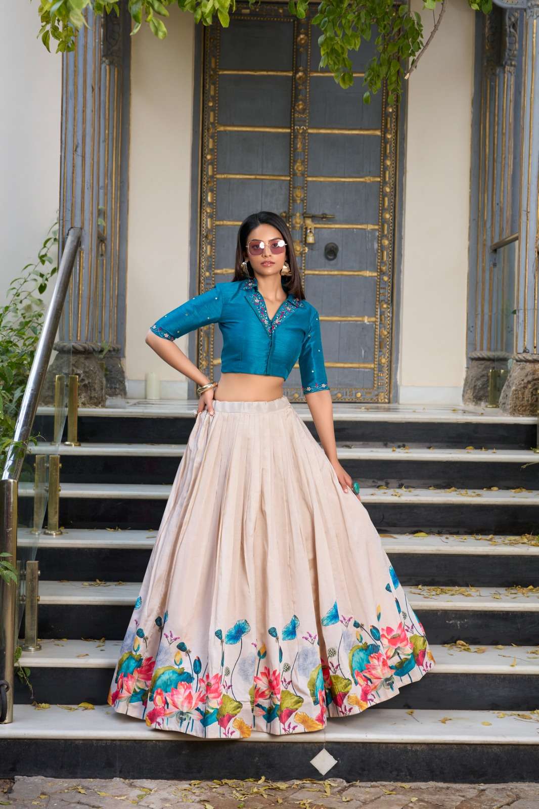 DESIGNER FANCY WEDDING PARTYWEAR READYMADE WHITE BLUE TUSSAR SILK CO ORD SET COLLECTION NNK 1131