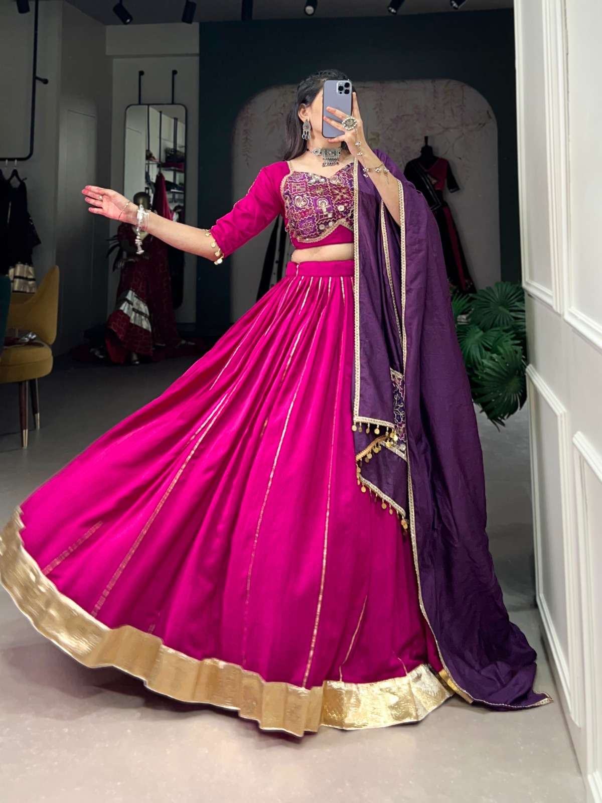 DESIGNER RANI PINK CHANDERI SILK NAVRATRI LEHENGA CHOLI WITH DUPATTA NAVRATRI WEAR LNB 1735 A