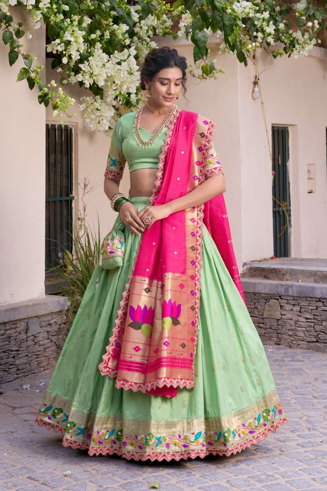 DESIGNER SOUTH WEDDING JACQUARD SILK GREEN LEHENGA CHOLI COLLRCTION LNB 2014 B