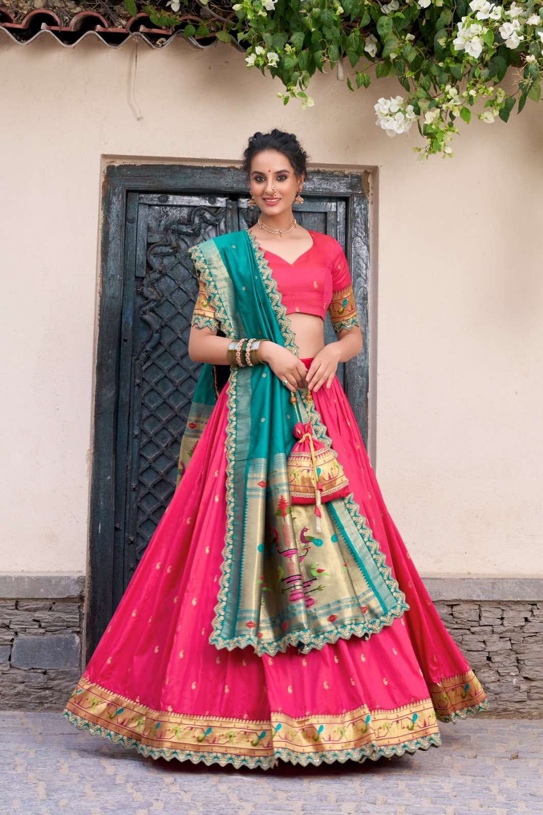 DESIGNER SOUTH WEDDING JACQUARD SILK RANI PINK LEHENGA CHOLI COLLRCTION LNB 2014 A