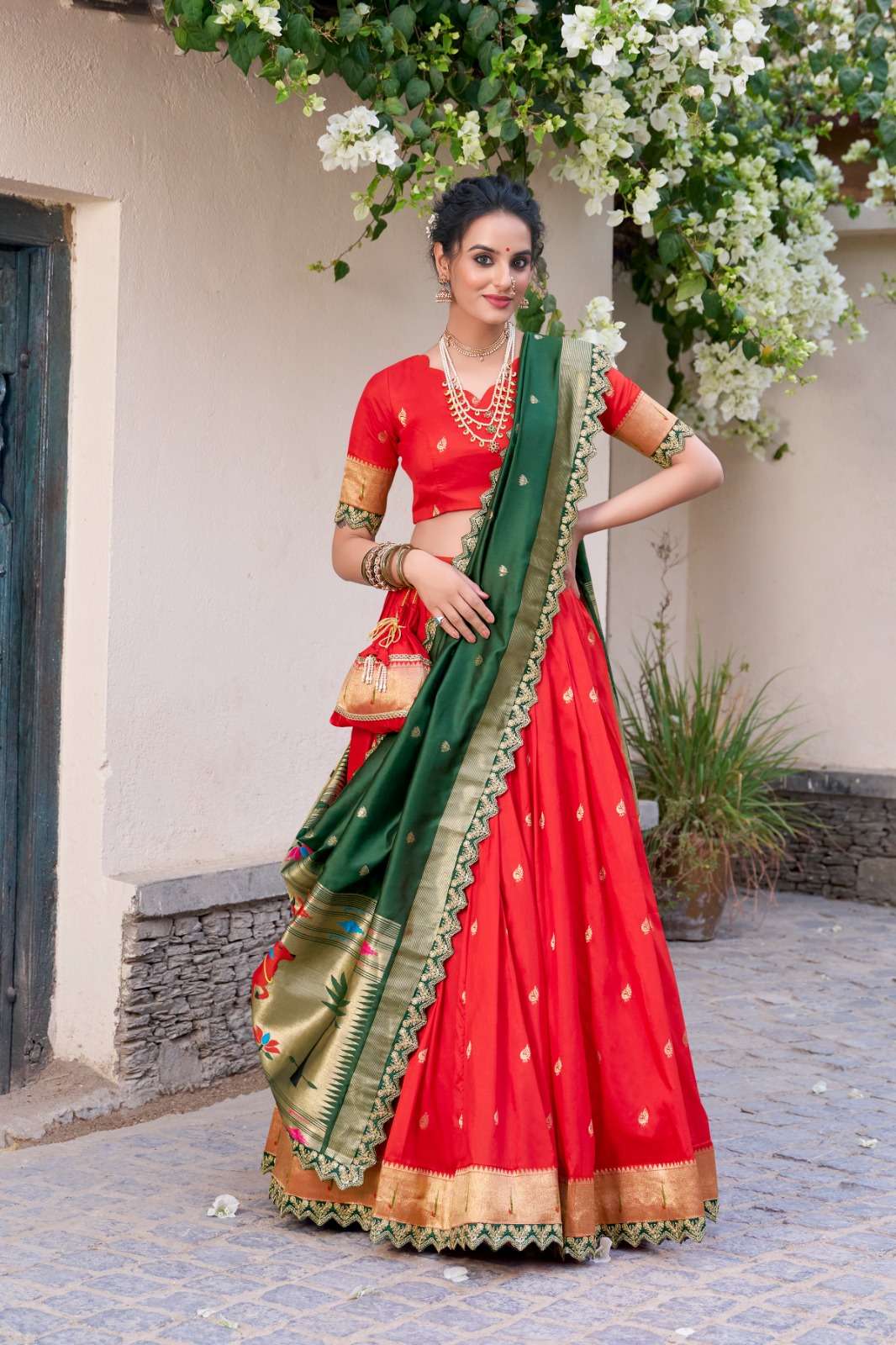 DESIGNER SOUTH WEDDING JACQUARD SILK RED LEHENGA CHOLI COLLRCTION LNB 2014 C
