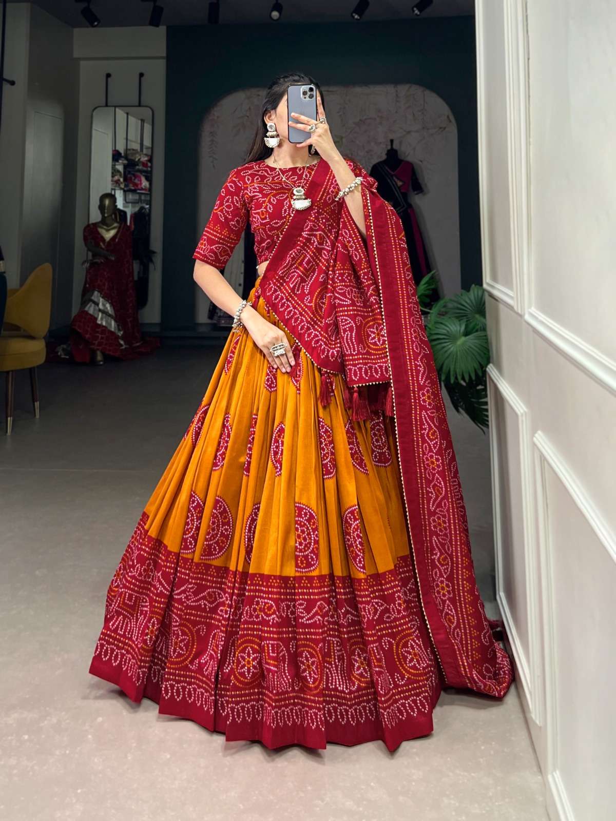 DESIGNER SOUTH WEDDING TUSSAR SILK YELLOW RED LEHENGA CHOLI COLLRCTION LNB 1229 C
