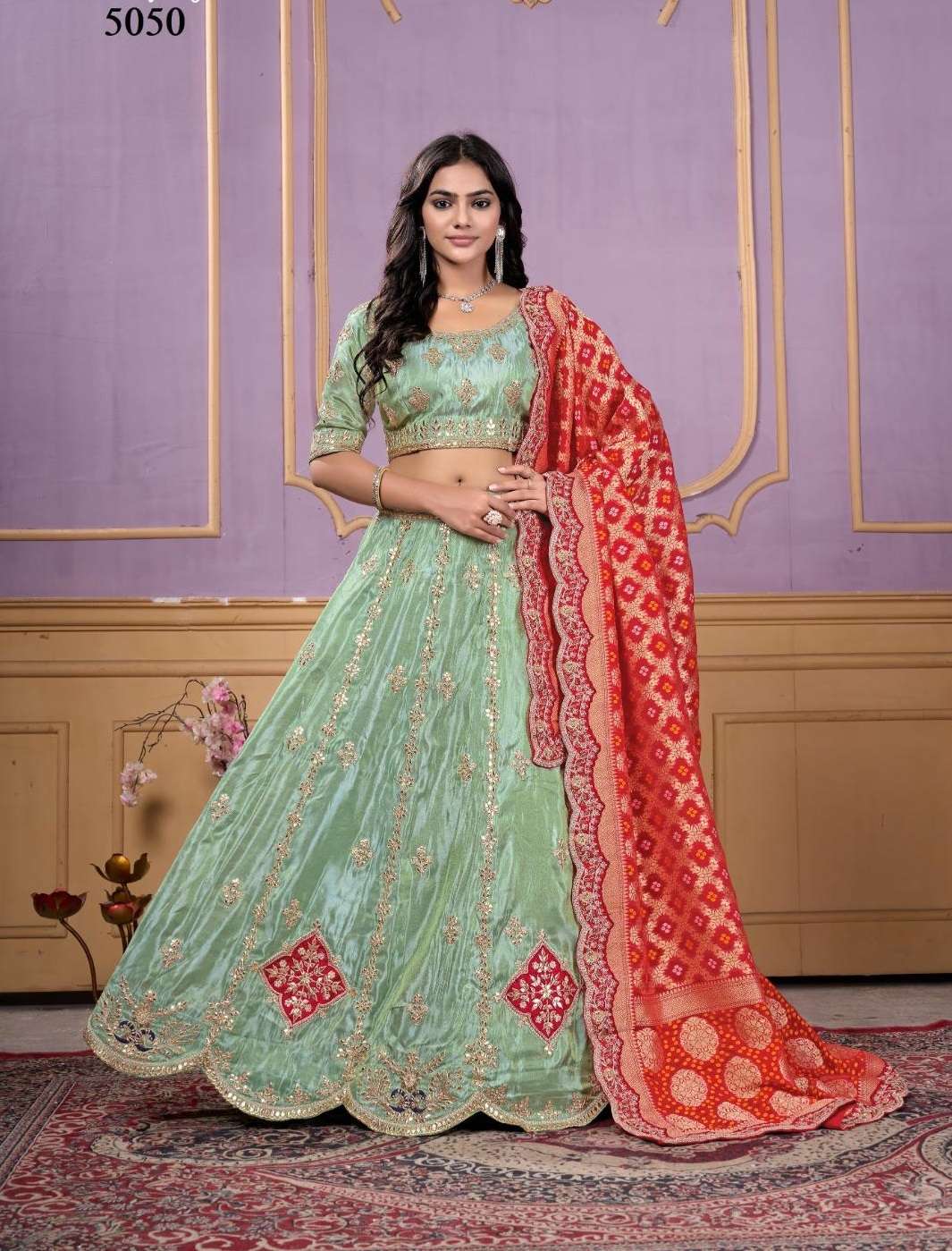 DESIGNER WEDDING BRIDAL WEAR HEAVY COSMOS VISCOSE GREEN LEHENGA CHOLI COLLECTION NT ANANTESH 5050
