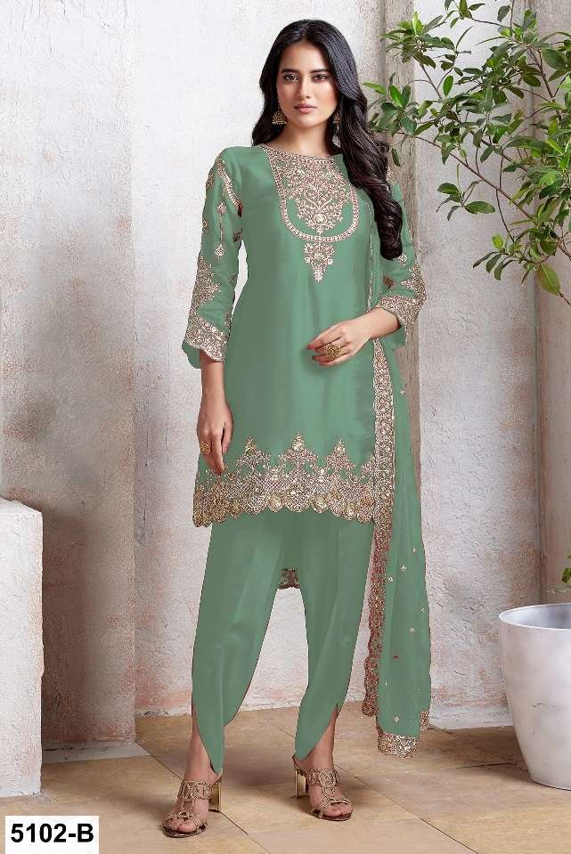 DESIGNER WEDDING PARTY WEAR FAUX GEORGETTE GREEN PATIYALA SALWAR SUIT GOWN HT 5102 B