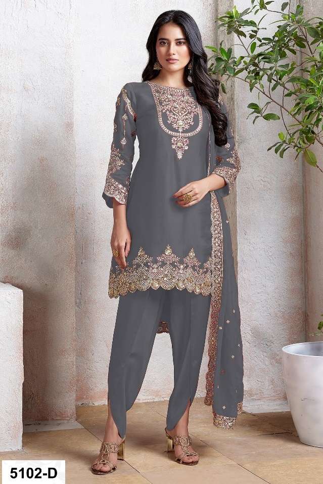 DESIGNER WEDDING PARTY WEAR FAUX GEORGETTE GREY PATIYALA SALWAR SUIT GOWN HT 5102 D