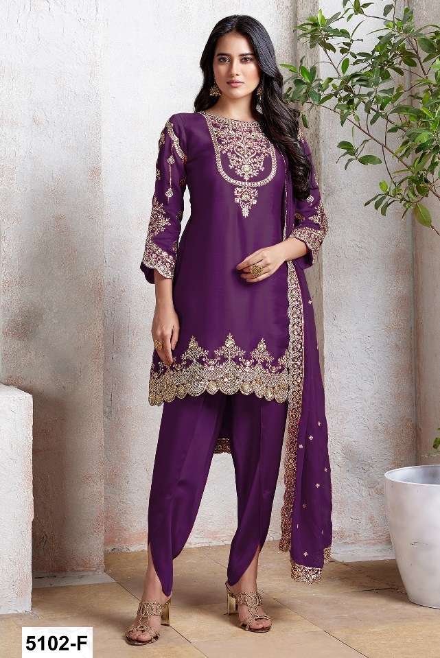 DESIGNER WEDDING PARTY WEAR FAUX GEORGETTE PURPLE PATIYALA SALWAR SUIT GOWN HT 5102 F