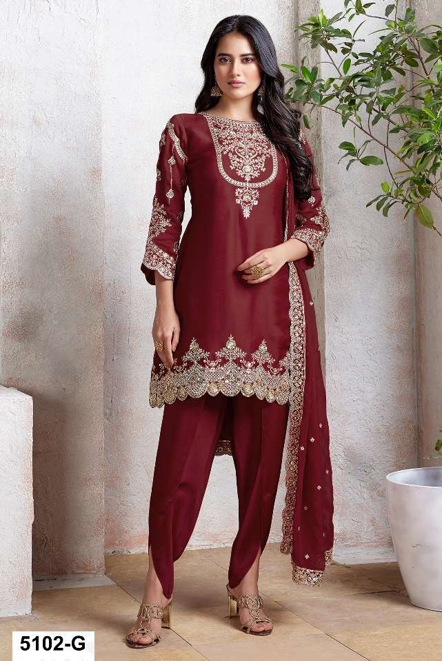 DESIGNER WEDDING PARTY WEAR FAUX GEORGETTE RED PATIYALA SALWAR SUIT GOWN HT 5102 G