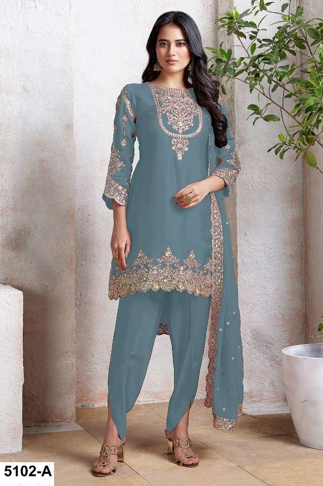 DESIGNER WEDDING PARTY WEAR FAUX GEORGETTE SKY BLUE PATIYALA SALWAR SUIT GOWN HT 5102 A