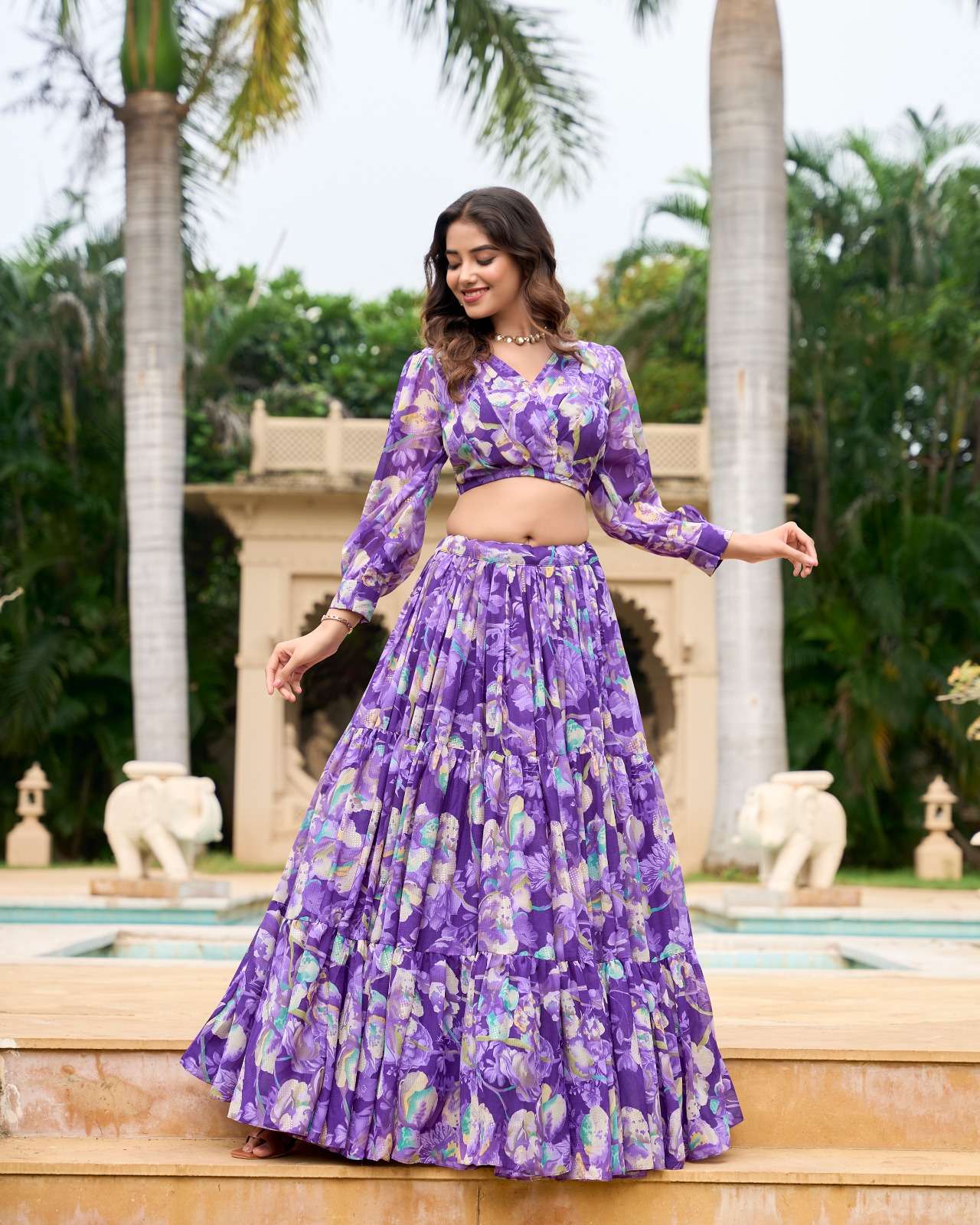 DESIGNER WEDDING PARTY WEAR GEORGETTE READYMADE PURPLE PRINTED CROP TOP WITH LEHNGA NNK 1135 B