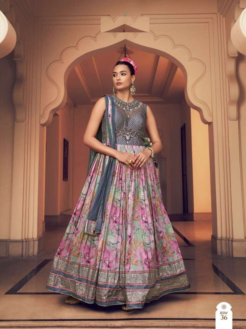 DESIGNER WEDDING PARTY WEAR HEAVY PV SILK PINK GREY ANARKALI SALWAR SUIT GOWN SM KALAMKARI 36