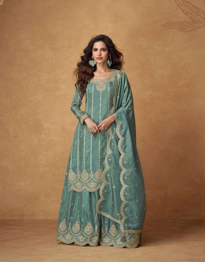 DESIGNER WEDDING PARTY WEAR ORGANZA SIMAR SILK SHARARA SALWAR SUIT PLAZZO AF SAUMYA 10182