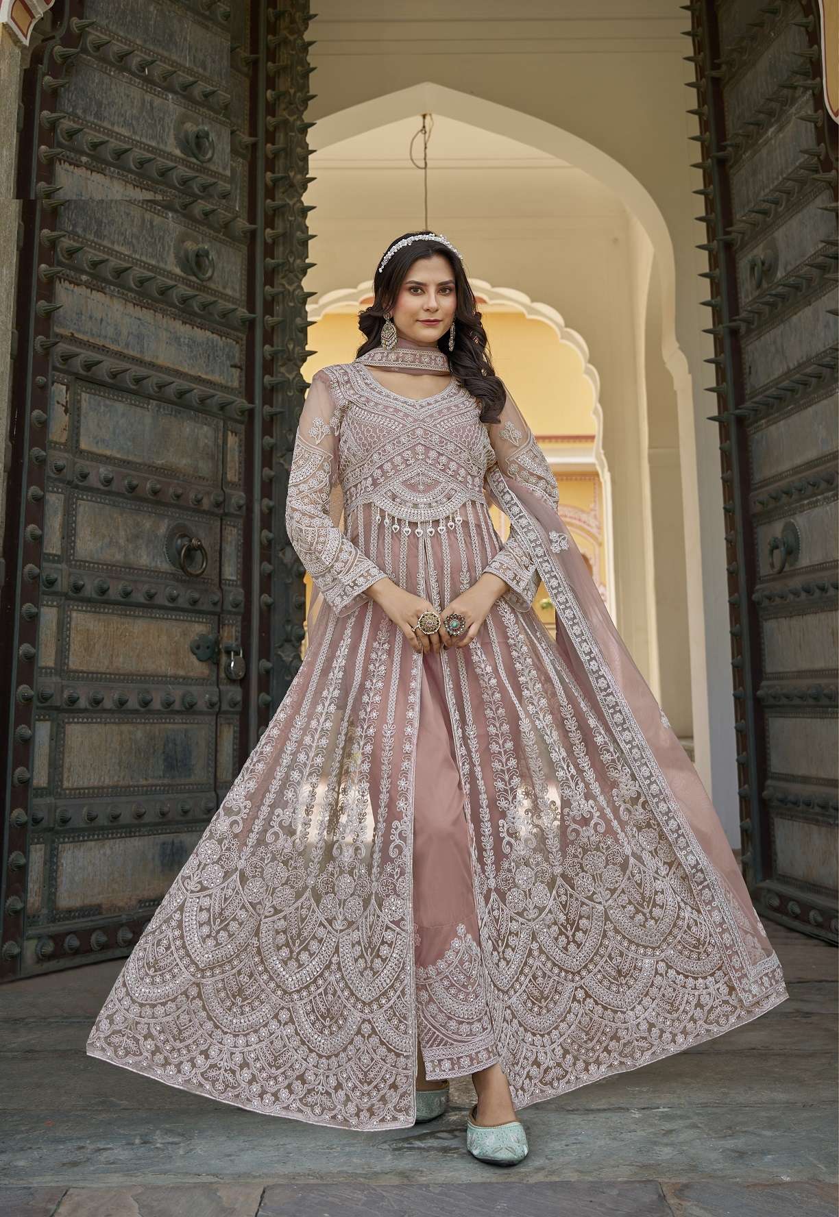 DESIGNER WEDDING PARTY WEAR PEACH ANARKALI SALWAR SUIT LONG GOWN IN BUTTERFLY NET SENHORA MAHIRA 3102 C