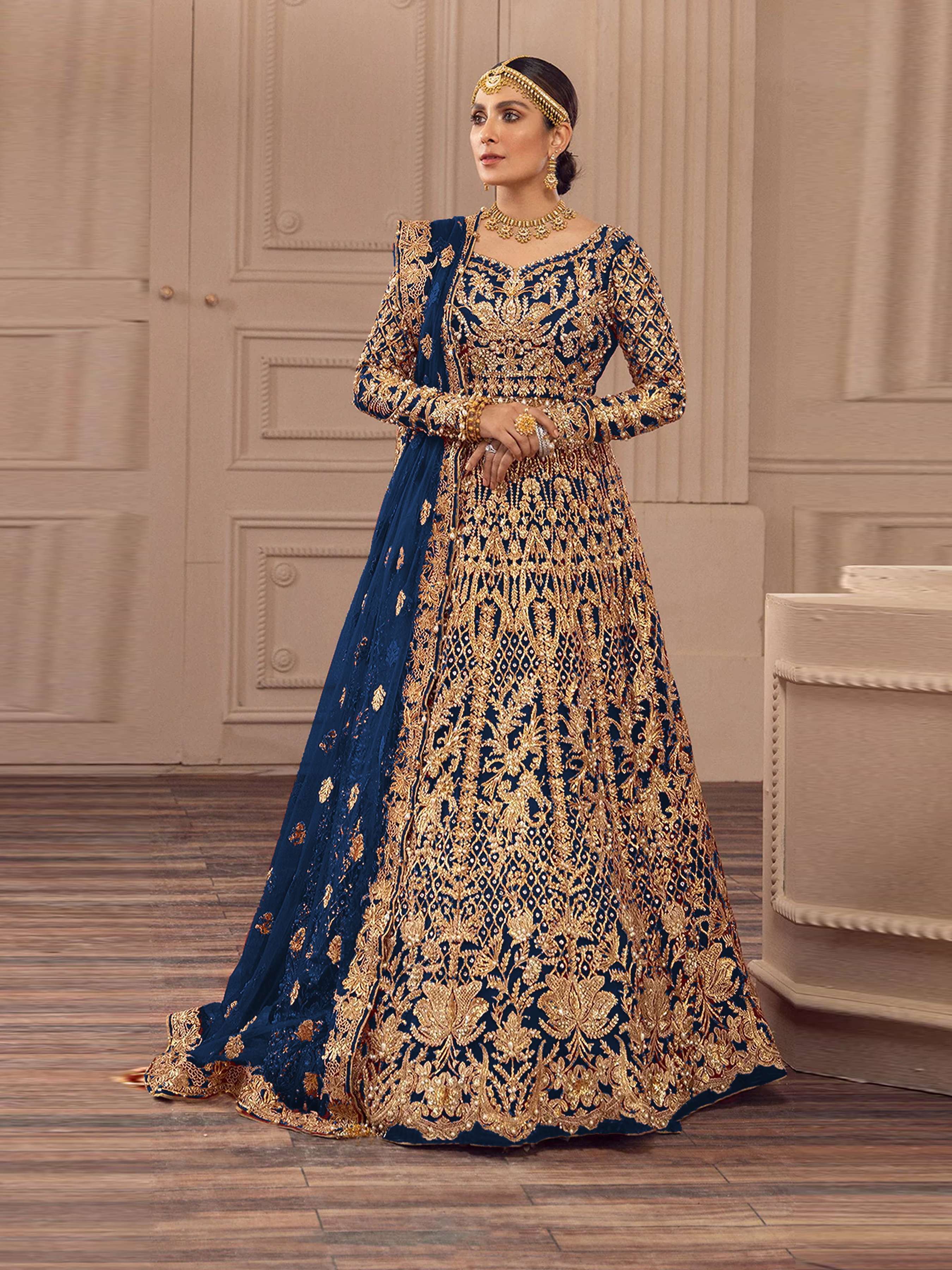 DESIGNER WEDDING PARTY WEAR PURPLE BLUE ANARKALI SALWAR SUIT LONG GOWN IN BUTTERFLY NET KB 1084 E