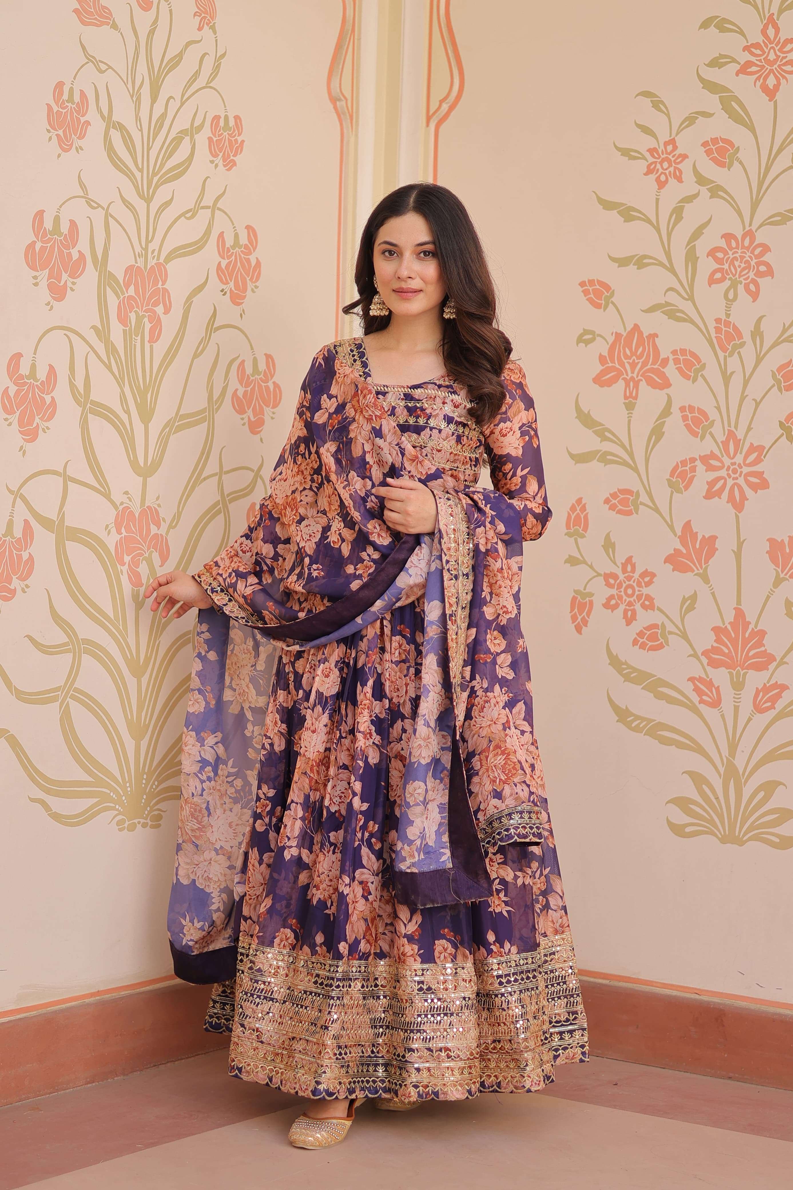 DESIGNER WEDDING PARTY WEAR RASSIAN SILK PRINTED READYMADE PURPLE ANARKALI SALWAR SUIT GOWN LW 9236 A