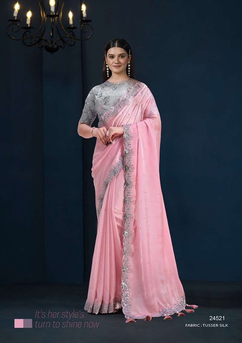 DESIGNER WEDDING PARTY WEAR SATIN SILK BABY PINK SAREE WITH BEUTIFUL EMBROIDERY WORK NVN MAHOTSAV 24521