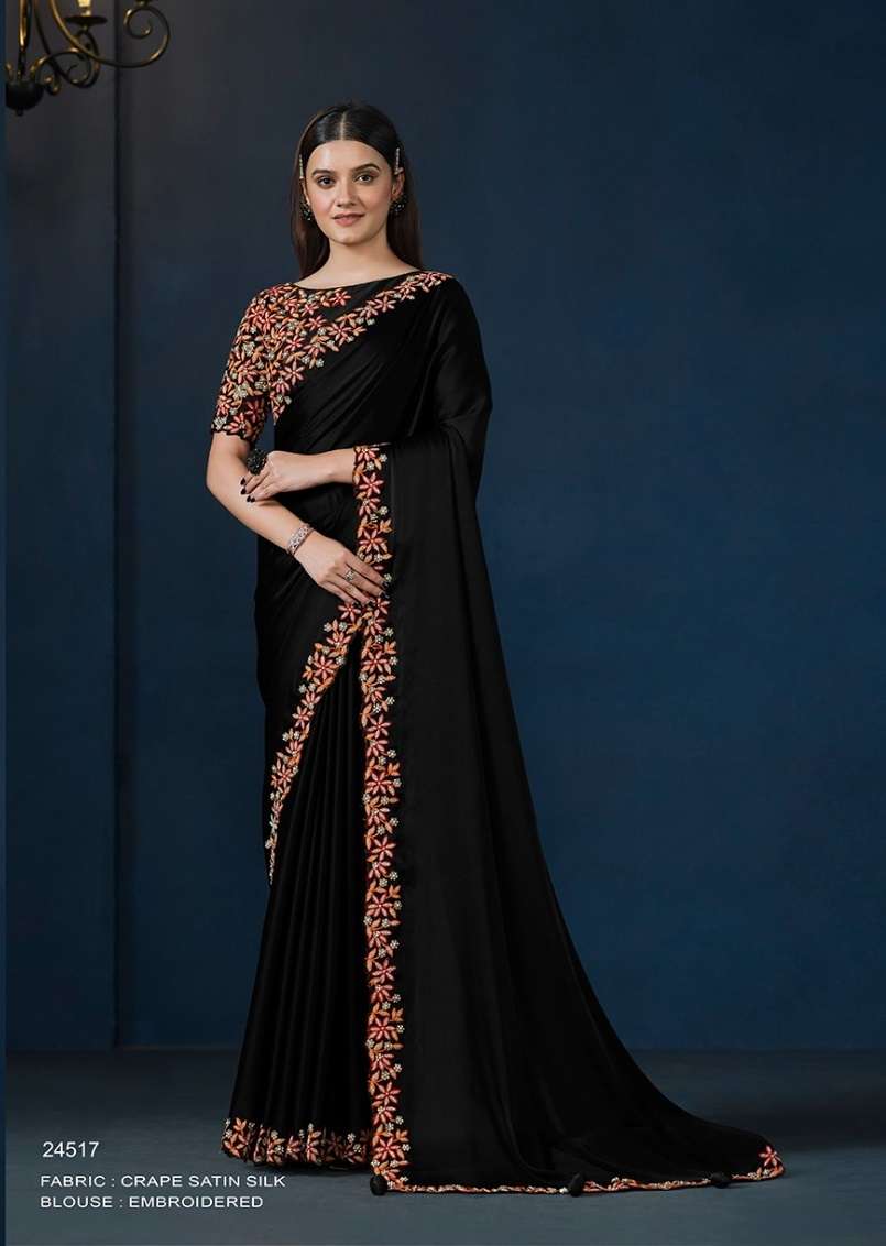 DESIGNER WEDDING PARTY WEAR SATIN SILK BLACK SAREE WITH BEUTIFUL EMBROIDERY WORK NVN MAHOTSAV 24517