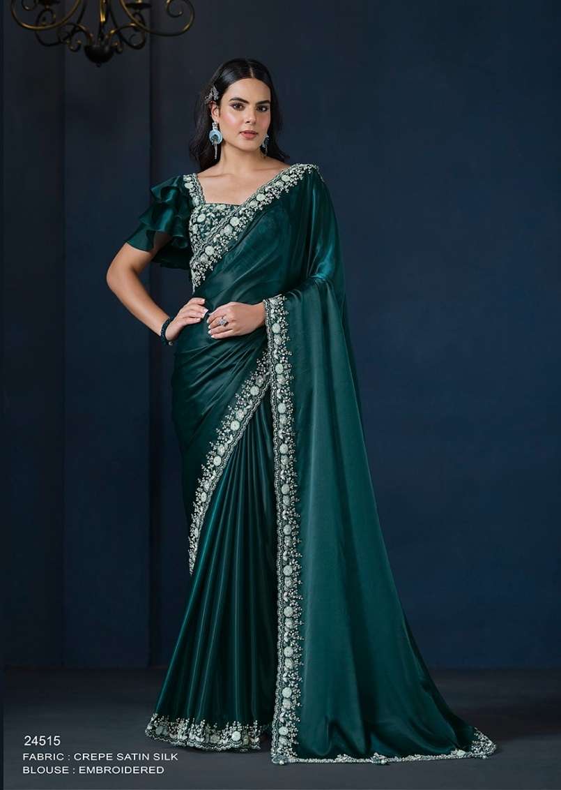 DESIGNER WEDDING PARTY WEAR SATIN SILK DARK GREEN SAREE WITH BEUTIFUL EMBROIDERY WORK NVN MAHOTSAV 24515