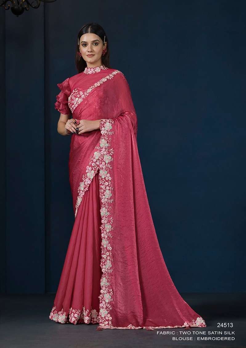 DESIGNER WEDDING PARTY WEAR SATIN SILK GAJARI PINK SAREE WITH BEUTIFUL EMBROIDERY WORK NVN MAHOTSAV 24513