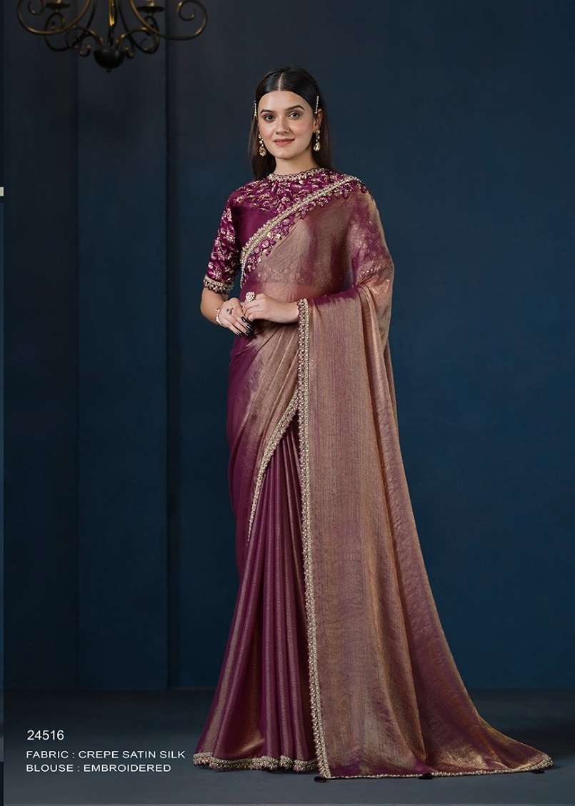 DESIGNER WEDDING PARTY WEAR SATIN SILK MAGENTA SAREE WITH BEUTIFUL EMBROIDERY WORK NVN MAHOTSAV 24516