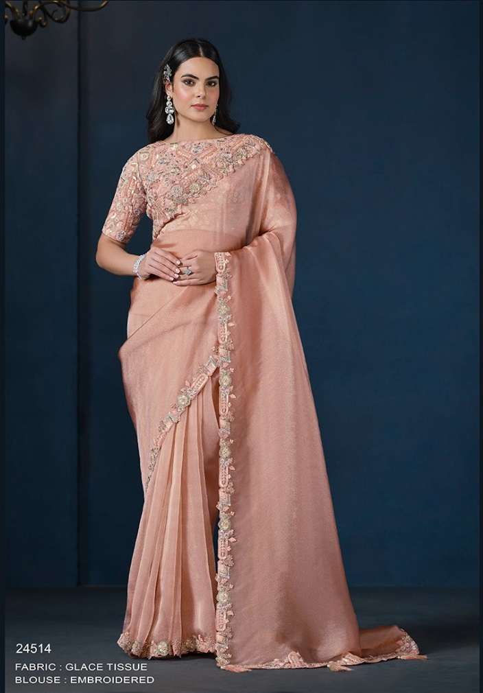 DESIGNER WEDDING PARTY WEAR SATIN SILK PEACH SAREE WITH BEUTIFUL EMBROIDERY WORK NVN MAHOTSAV 24514