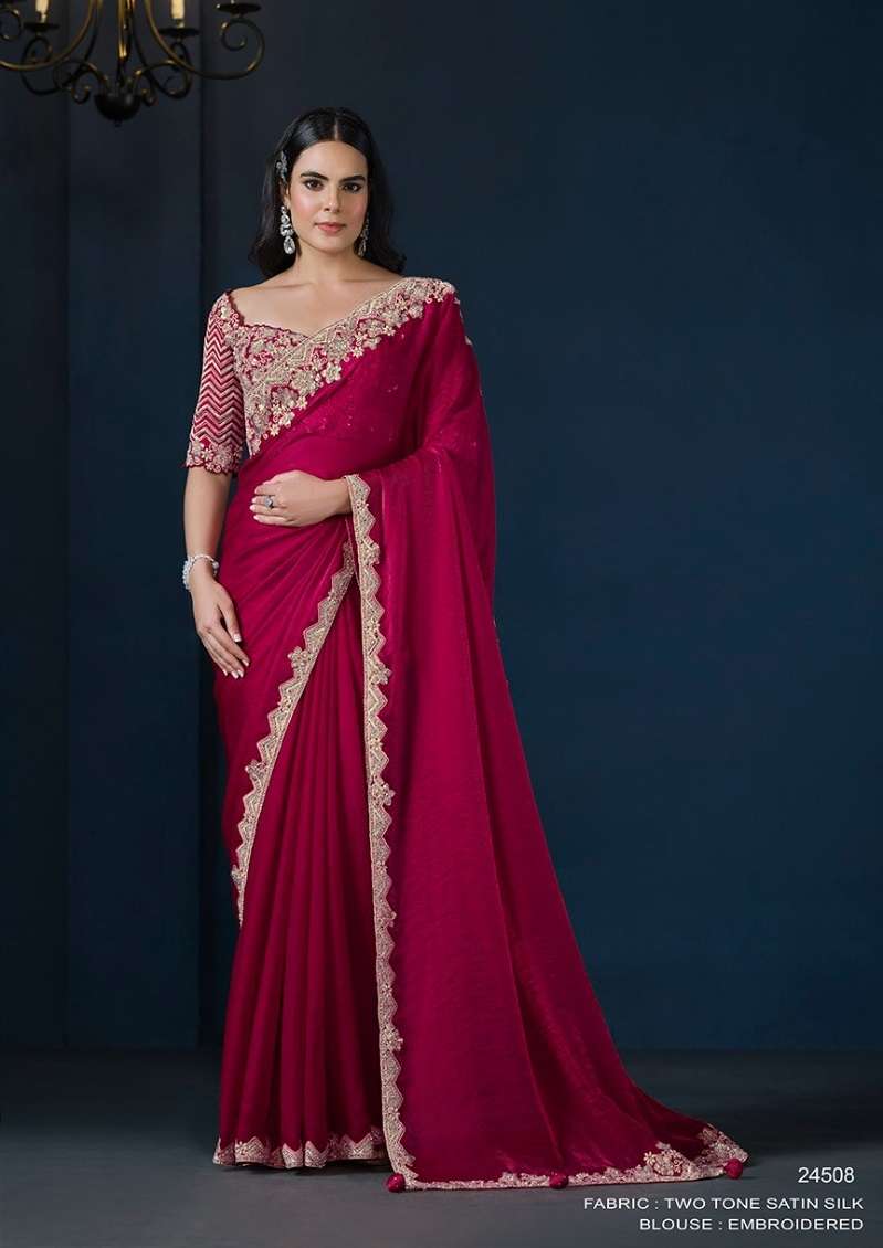DESIGNER WEDDING PARTY WEAR SATIN SILK RED SAREE WITH BEUTIFUL EMBROIDERY WORK NVN MAHOTSAV 24508