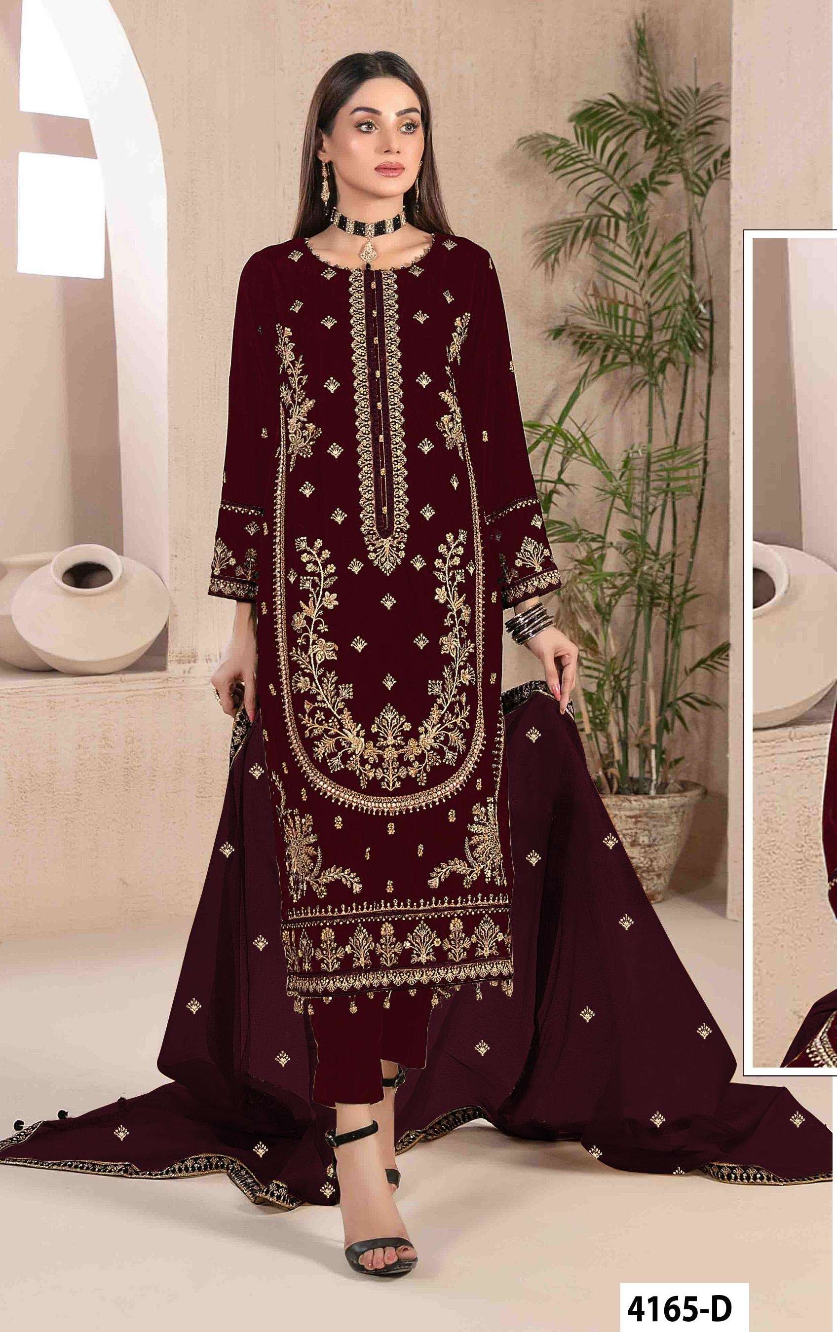 DESIGNER WEDDING PARTY WEAR STRAIGHT 9000 VELVET MAROON PAKISTANI SALWAR SUIT JG 4165 D