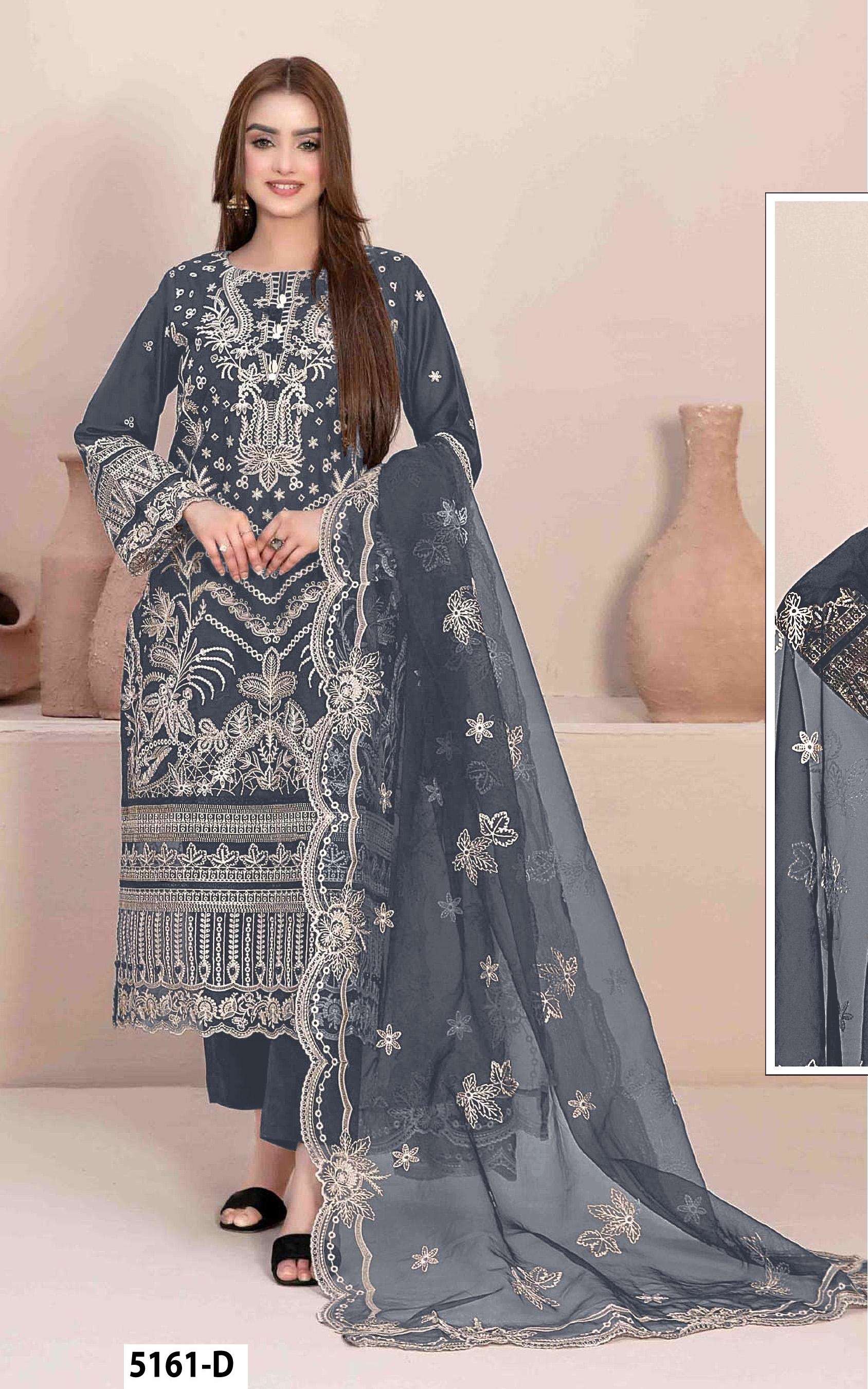 DESIGNER WEDDING PARTY WEAR STRAIGHT FAUX GEORGETTE GREY PAKISTANI SALWAR SUIT JG 5161 D
