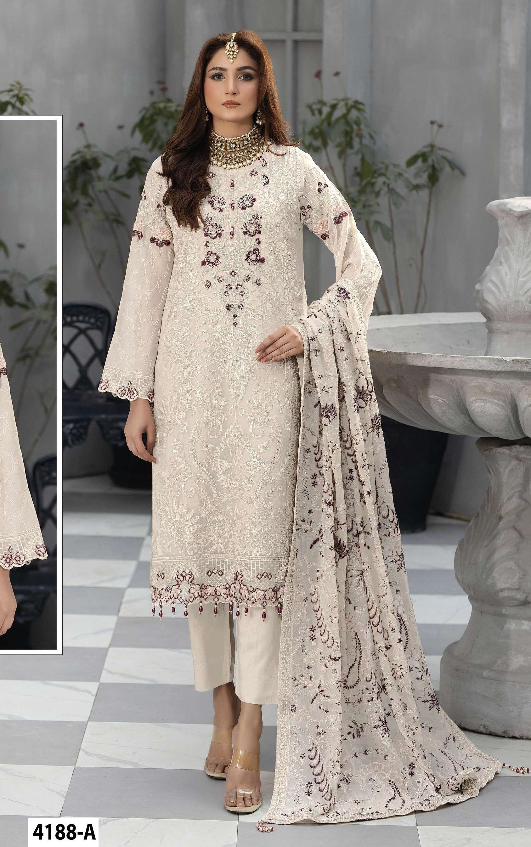 DESIGNER WEDDING PARTY WEAR STRAIGHT FAUX GEORGETTE WHITE PAKISTANI SALWAR SUIT JG 4188 A