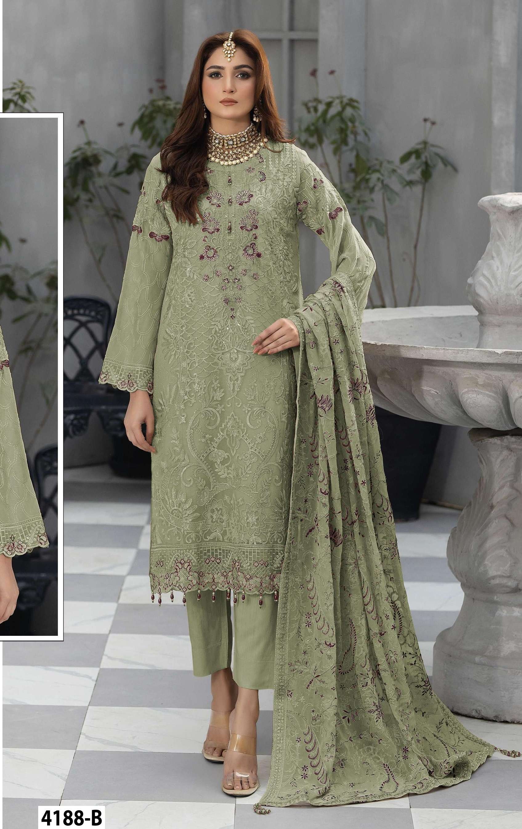 DESIGNER WEDDING PARTY WEAR STRAIGHT FAUX GEORGETTE GREEN PAKISTANI SALWAR SUIT JG 4188 B