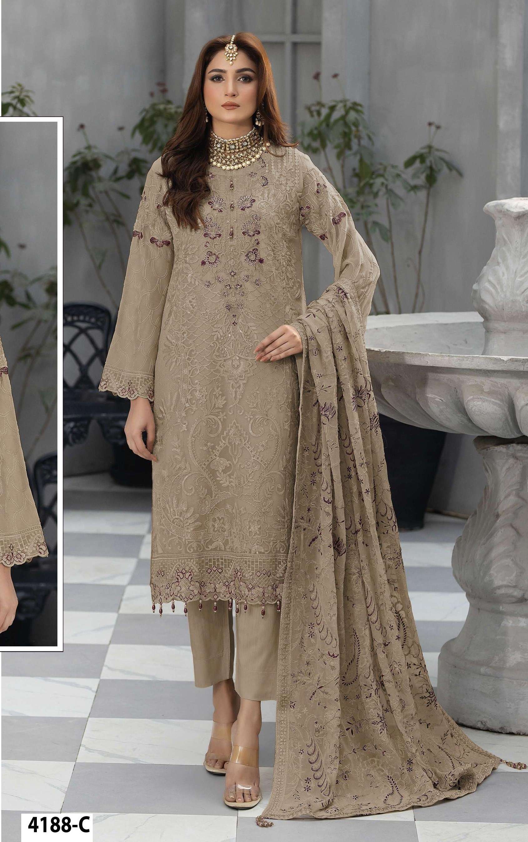 DESIGNER WEDDING PARTY WEAR STRAIGHT FAUX GEORGETTE CHIKU PAKISTANI SALWAR SUIT JG 4188 C