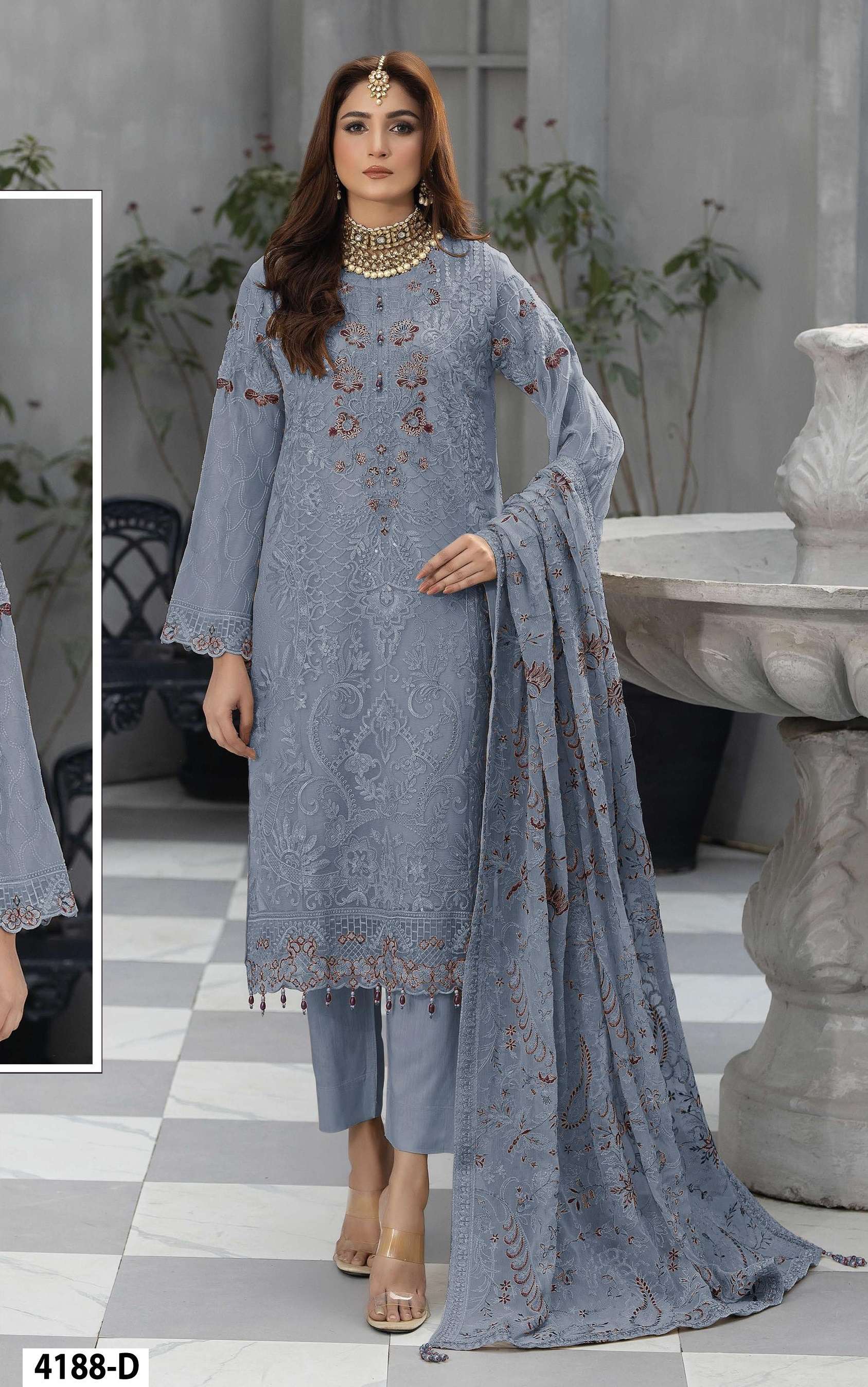 DESIGNER WEDDING PARTY WEAR STRAIGHT FAUX GEORGETTE GREY PAKISTANI SALWAR SUIT JG 4188 D
