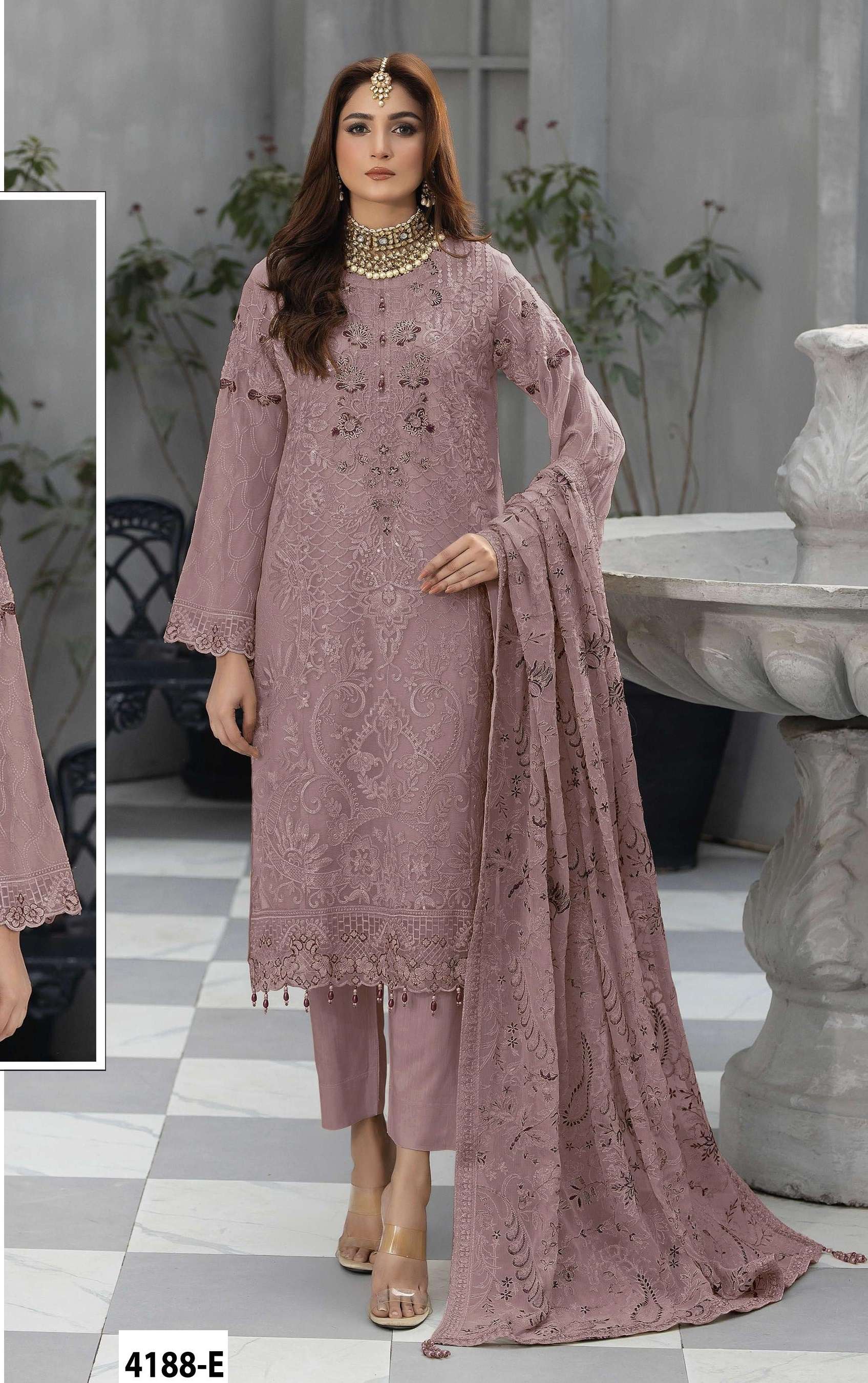 DESIGNER WEDDING PARTY WEAR STRAIGHT FAUX GEORGETTE PEACH PINK PAKISTANI SALWAR SUIT JG 4188 E