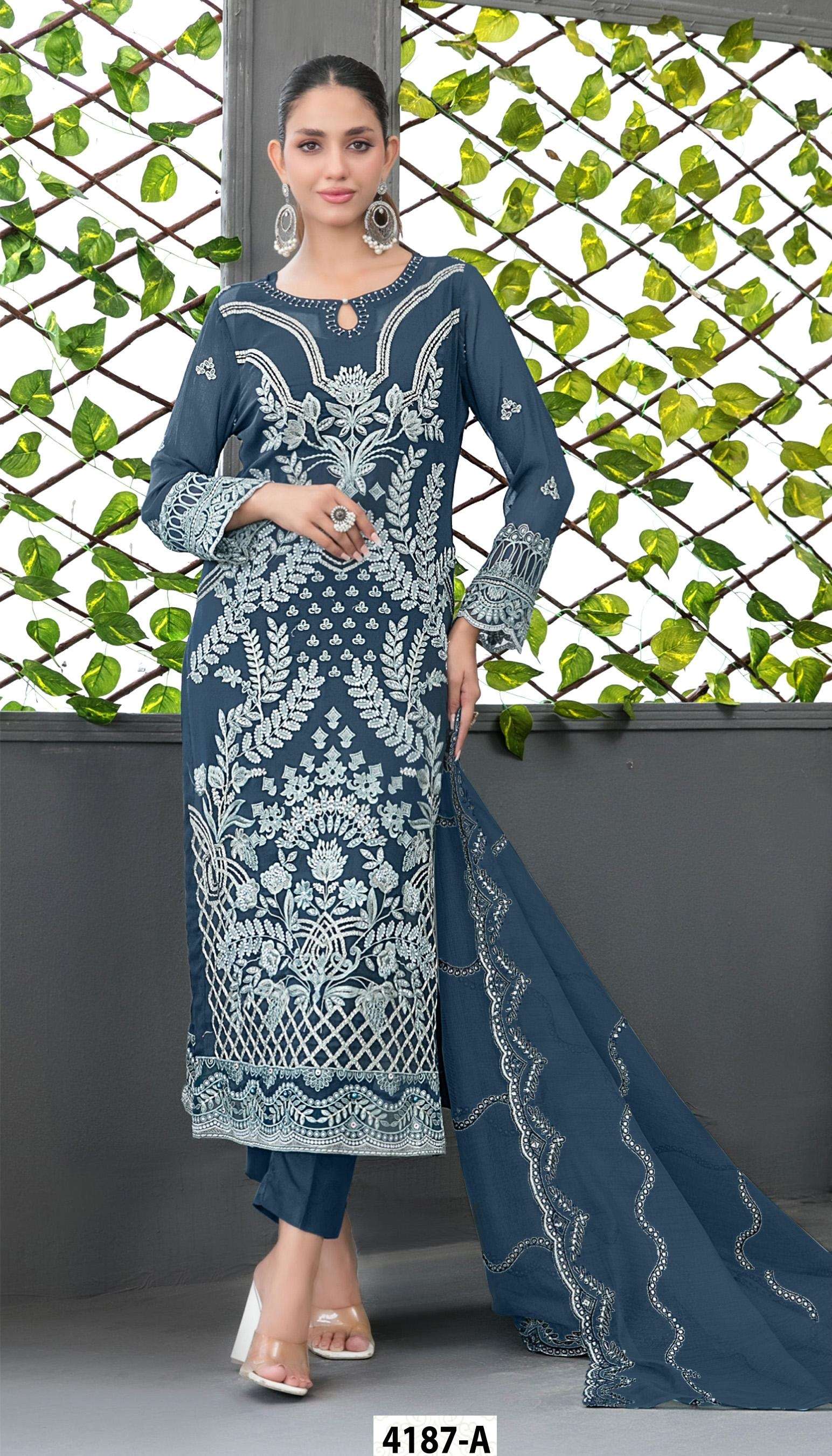 DESIGNER WEDDING PARTY WEAR STRAIGHT FAUX GEORGETTE BLUE PAKISTANI SALWAR SUIT JG 4187 A