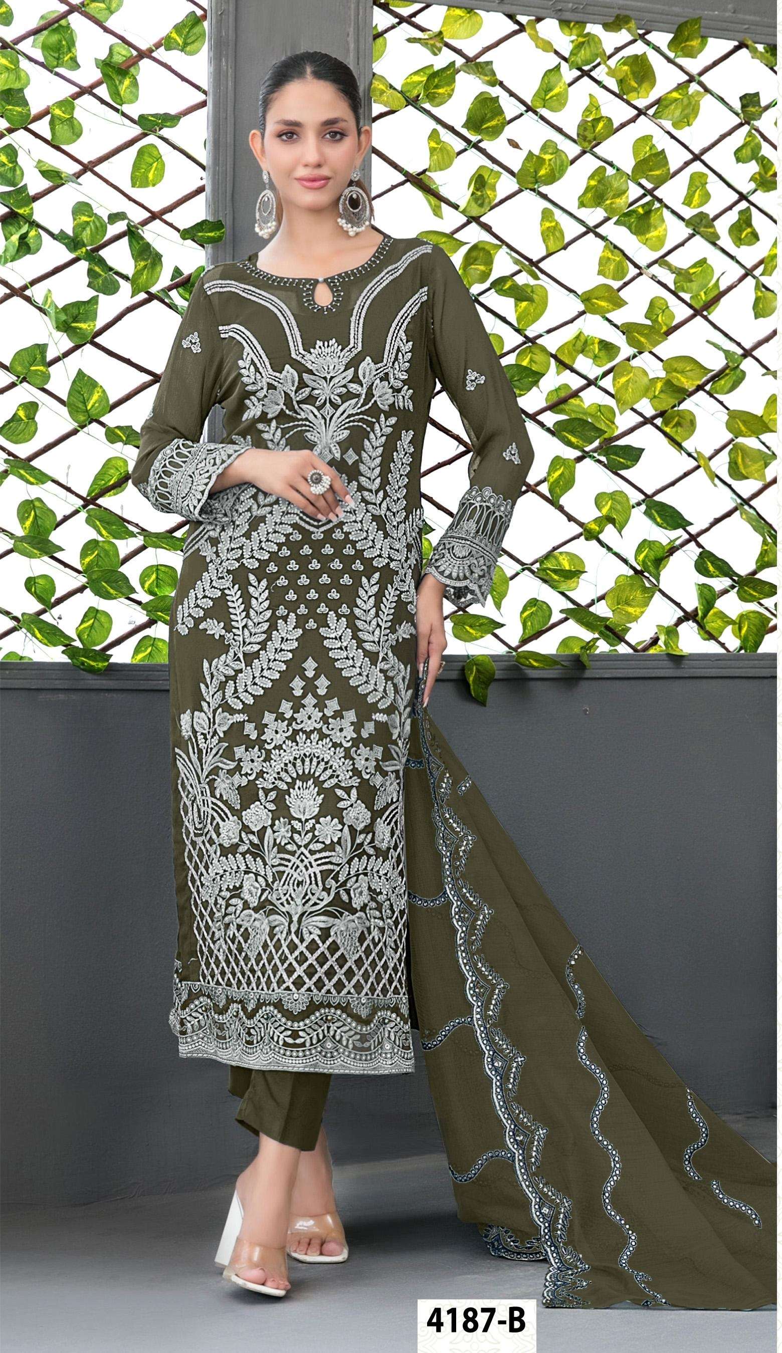 DESIGNER WEDDING PARTY WEAR STRAIGHT FAUX GEORGETTE MAHENDI GREEN PAKISTANI SALWAR SUIT JG 4187 B