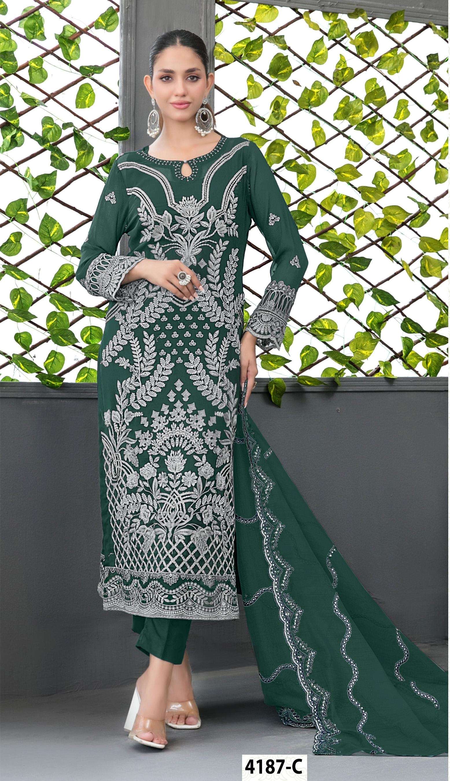 DESIGNER WEDDING PARTY WEAR STRAIGHT FAUX GEORGETTE DARK GREEN PAKISTANI SALWAR SUIT JG 4187 C